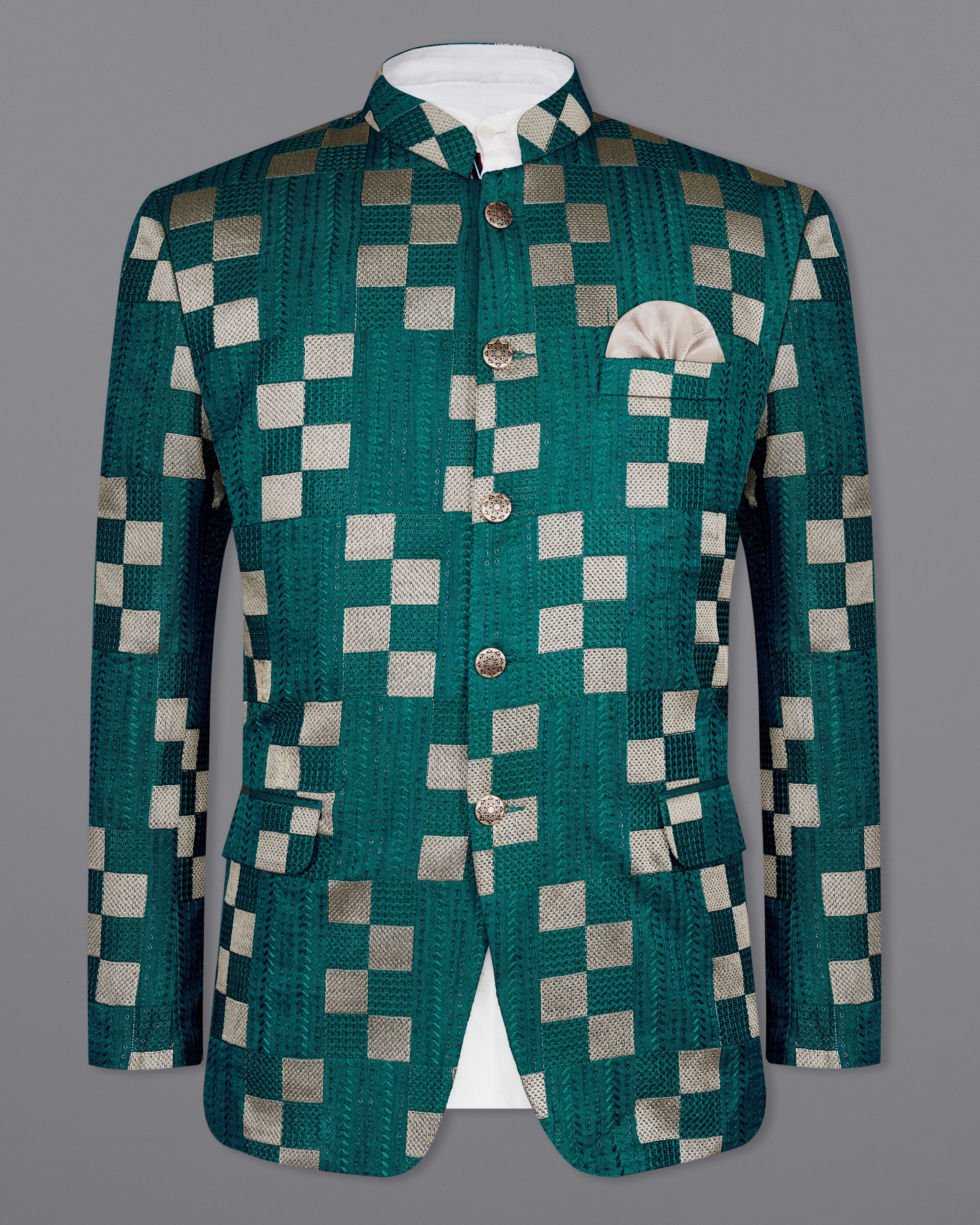 Dark Teal Green with Periglacial Cream Square Cotton Thread Heavy Embroidered Bandhgala Designer Indo-Western Blazer BL2193-BG-36, BL2193-BG-38, BL2193-BG-40, BL2193-BG-42, BL2193-BG-44, BL2193-BG-46, BL2193-BG-48, BL2193-BG-50, BL2193-BG-52, BL2193-BG-54, BL2193-BG-56, BL2193-BG-58, BL2193-BG-60