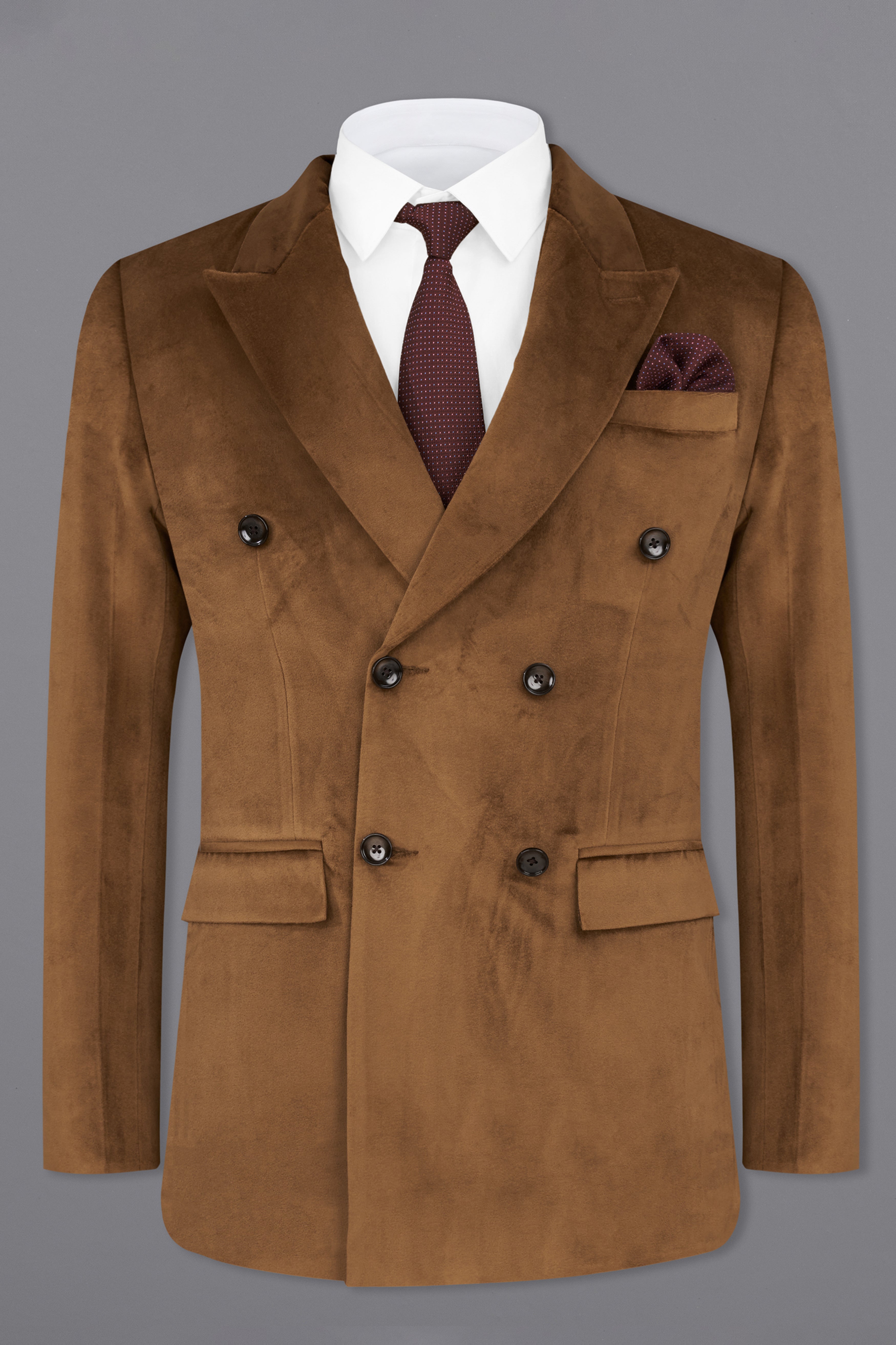 Nutmeg Brown Double Breasted Premium Velvet Designer Blazer