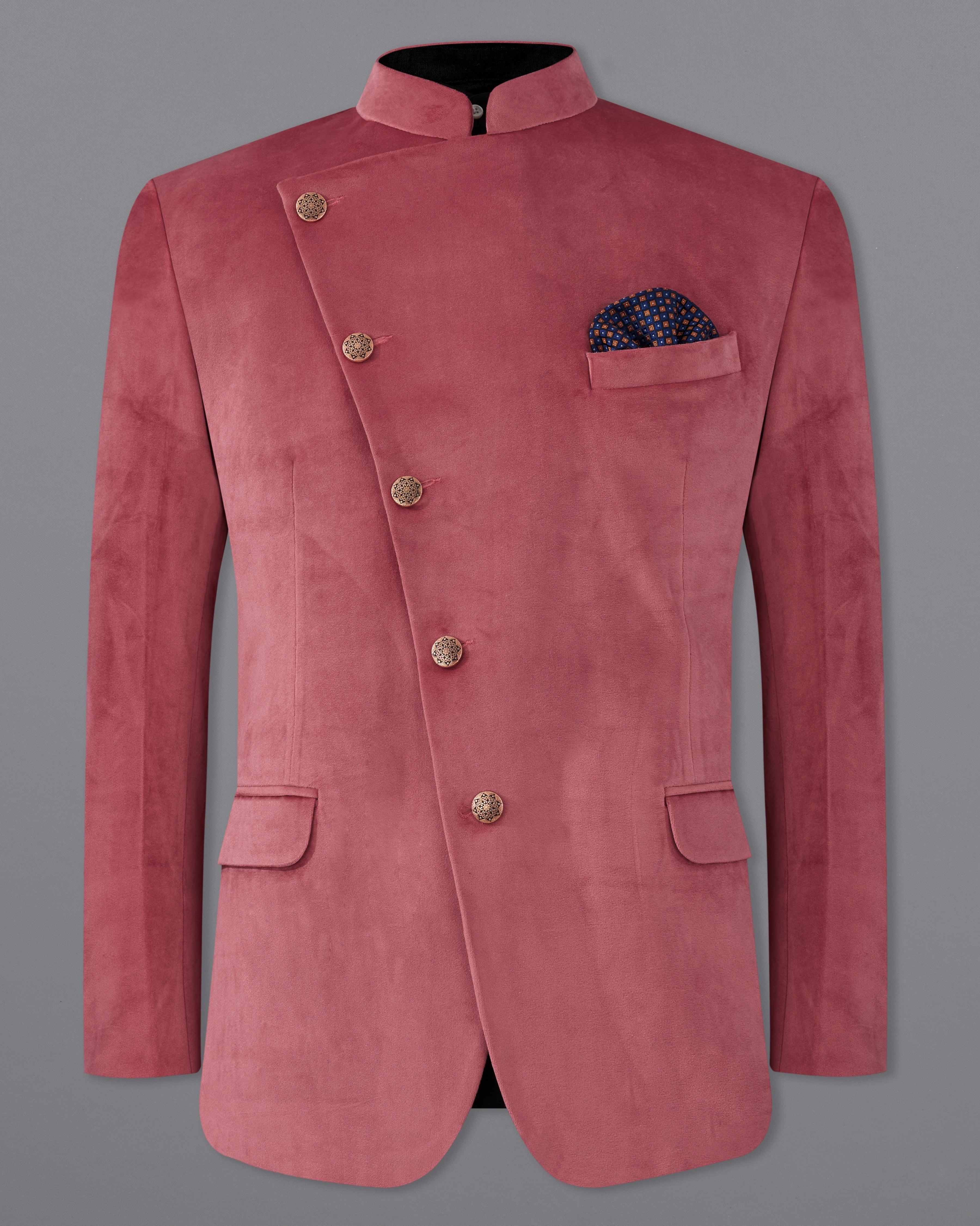 Coral Pink Cross Buttoned Bandhgala Premium Velvet Designer Blazer BL2206-CBG-36, BL2206-CBG-38, BL2206-CBG-40, BL2206-CBG-42, BL2206-CBG-44, BL2206-CBG-46, BL2206-CBG-48, BL2206-CBG-50, BL2206-CBG-52, BL2206-CBG-54, BL2206-CBG-56, BL2206-CBG-58, BL2206-CBG-60