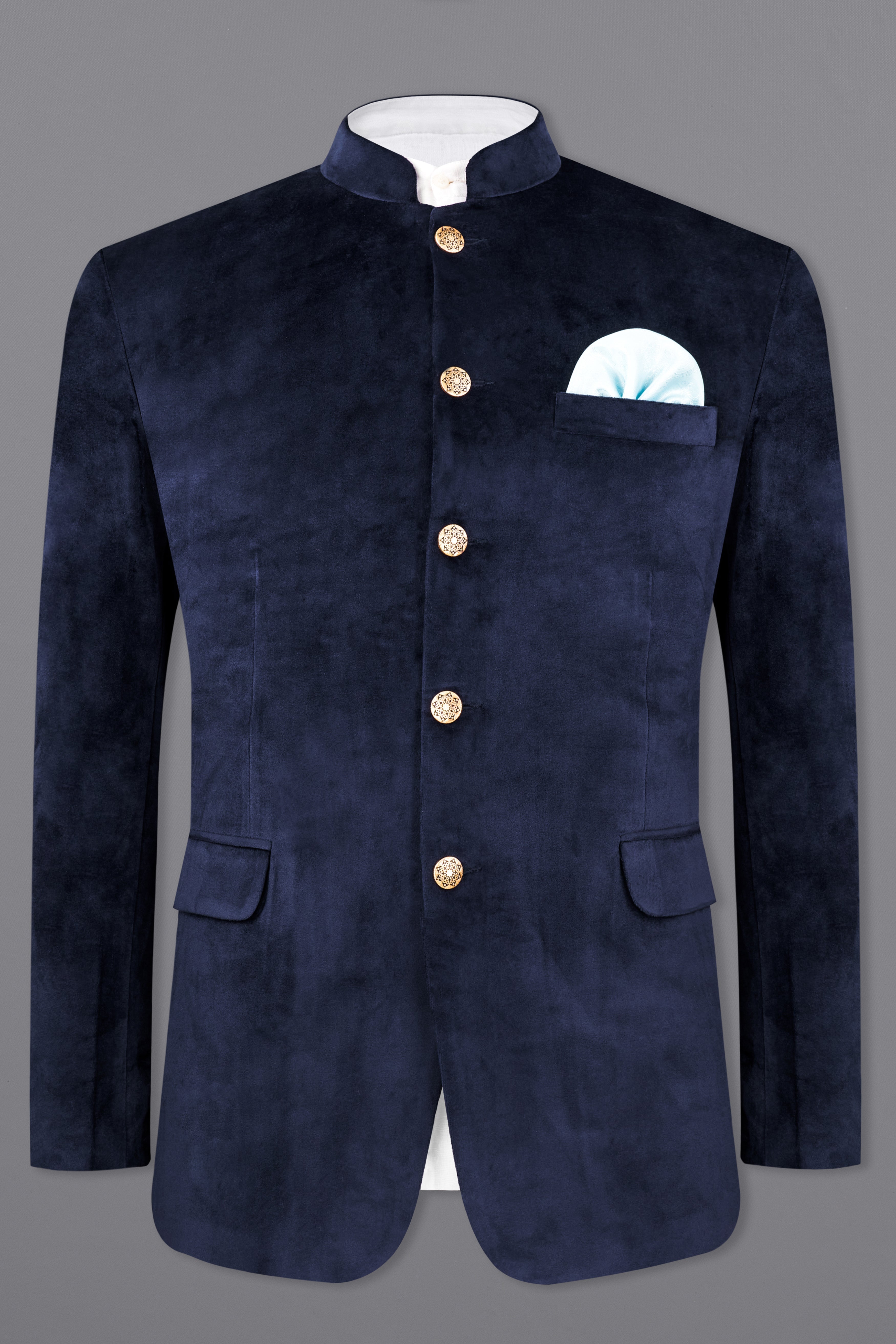 Firefly Blue Bandhgala Velvet Designer Blazer