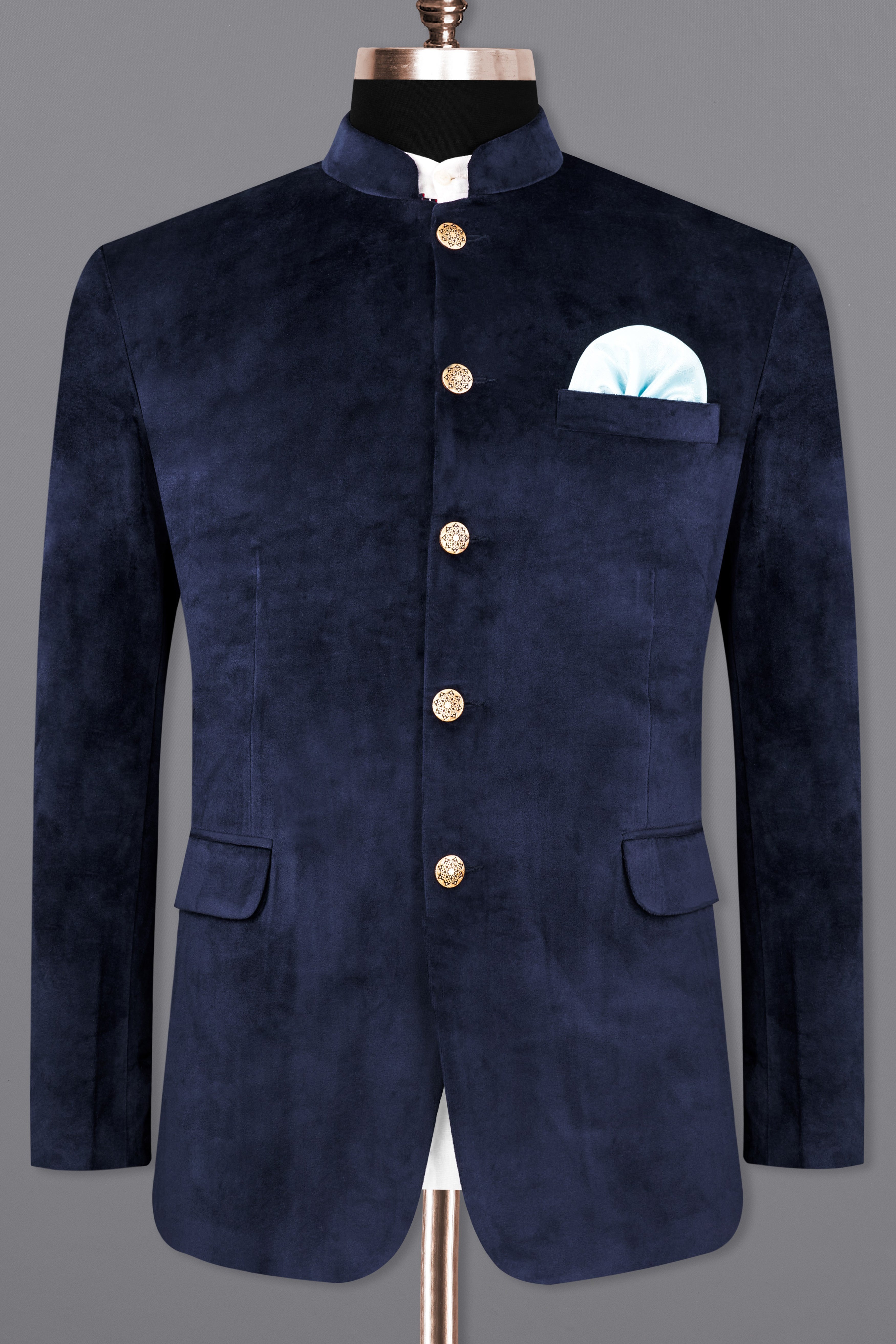 Firefly Blue Bandhgala Velvet Designer Blazer