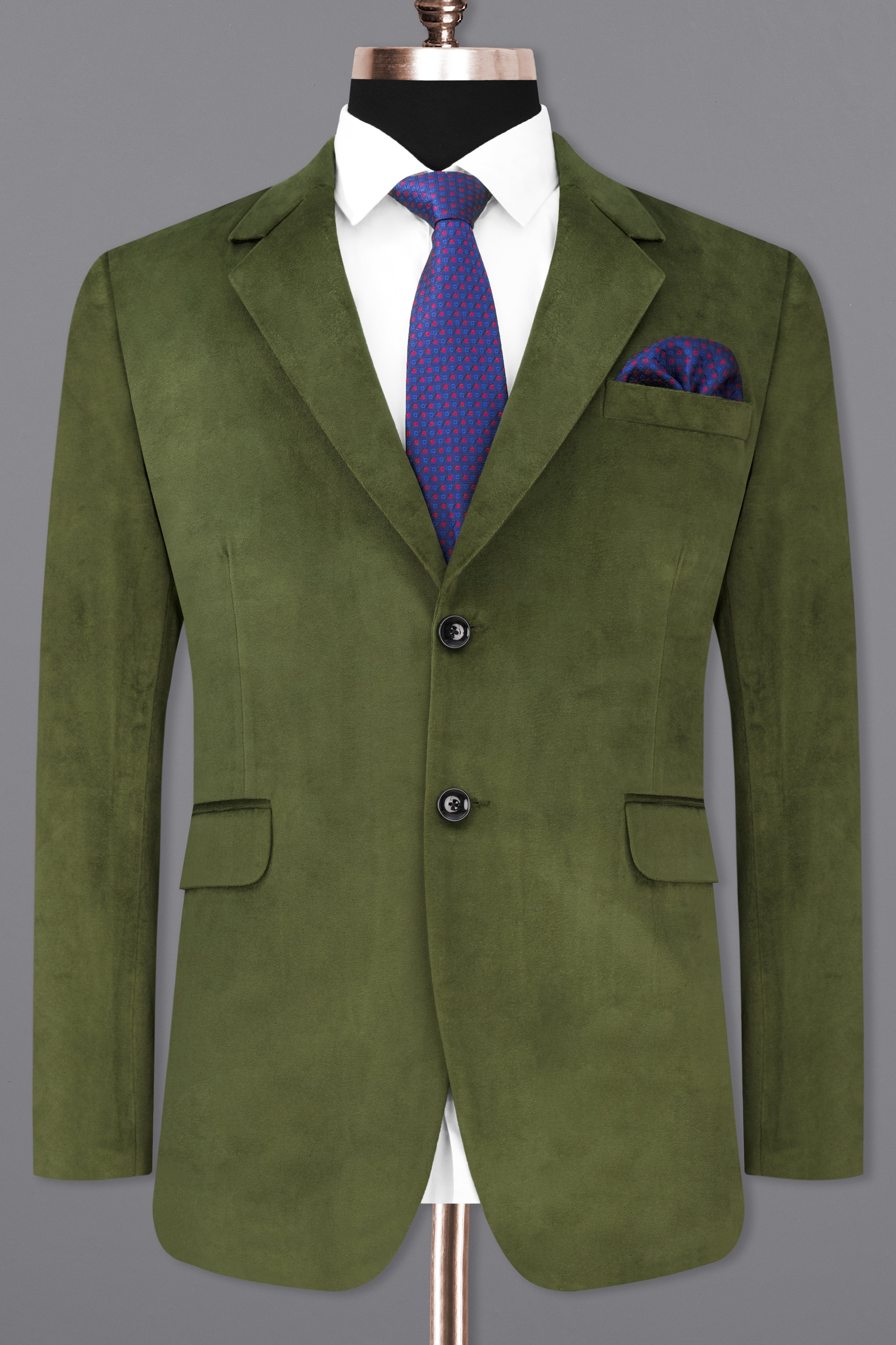 Fuscous Green Single Breasted Velvet Designer Blazer