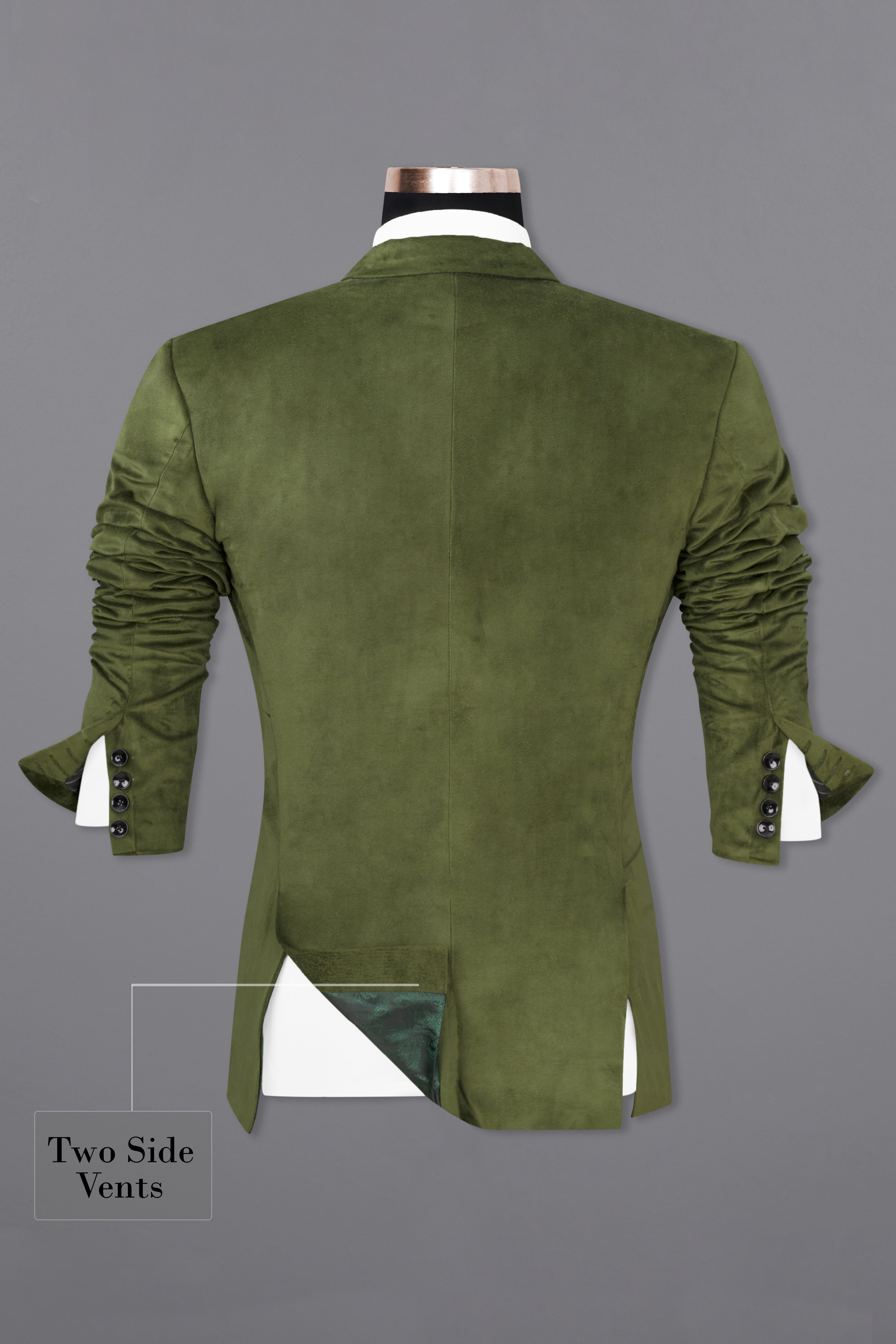 Fuscous Green Single Breasted Velvet Designer Blazer