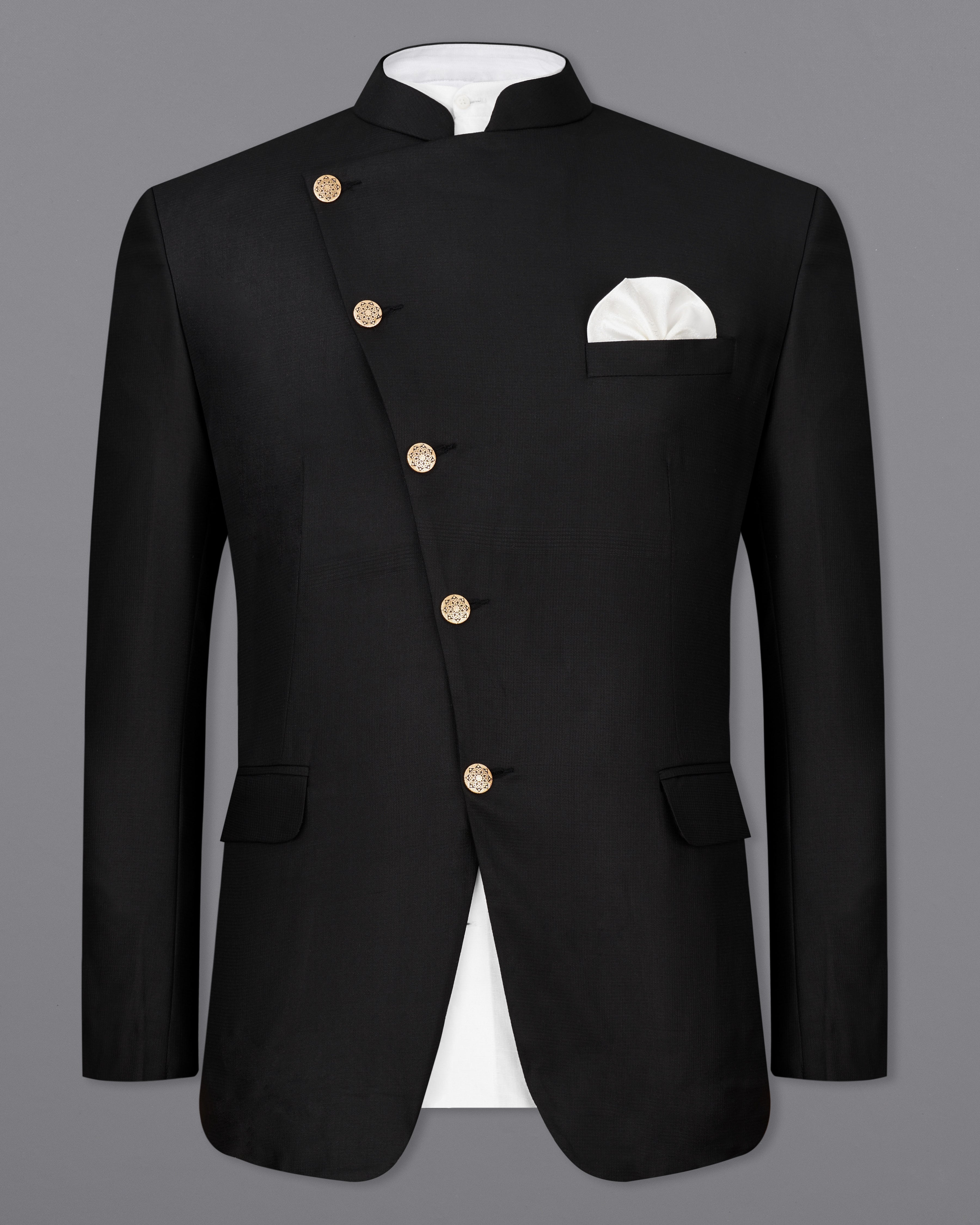 Jade Black Cross Buttoned Bandhgala Blazer BL2249-CBG-36, BL2249-CBG-38, BL2249-CBG-40, BL2249-CBG-42, BL2249-CBG-44, BL2249-CBG-46, BL2249-CBG-48, BL2249-CBG-50, BL2249-CBG-52, BL2249-CBG-54, BL2249-CBG-56, BL2249-CBG-58, BL2249-CBG-60