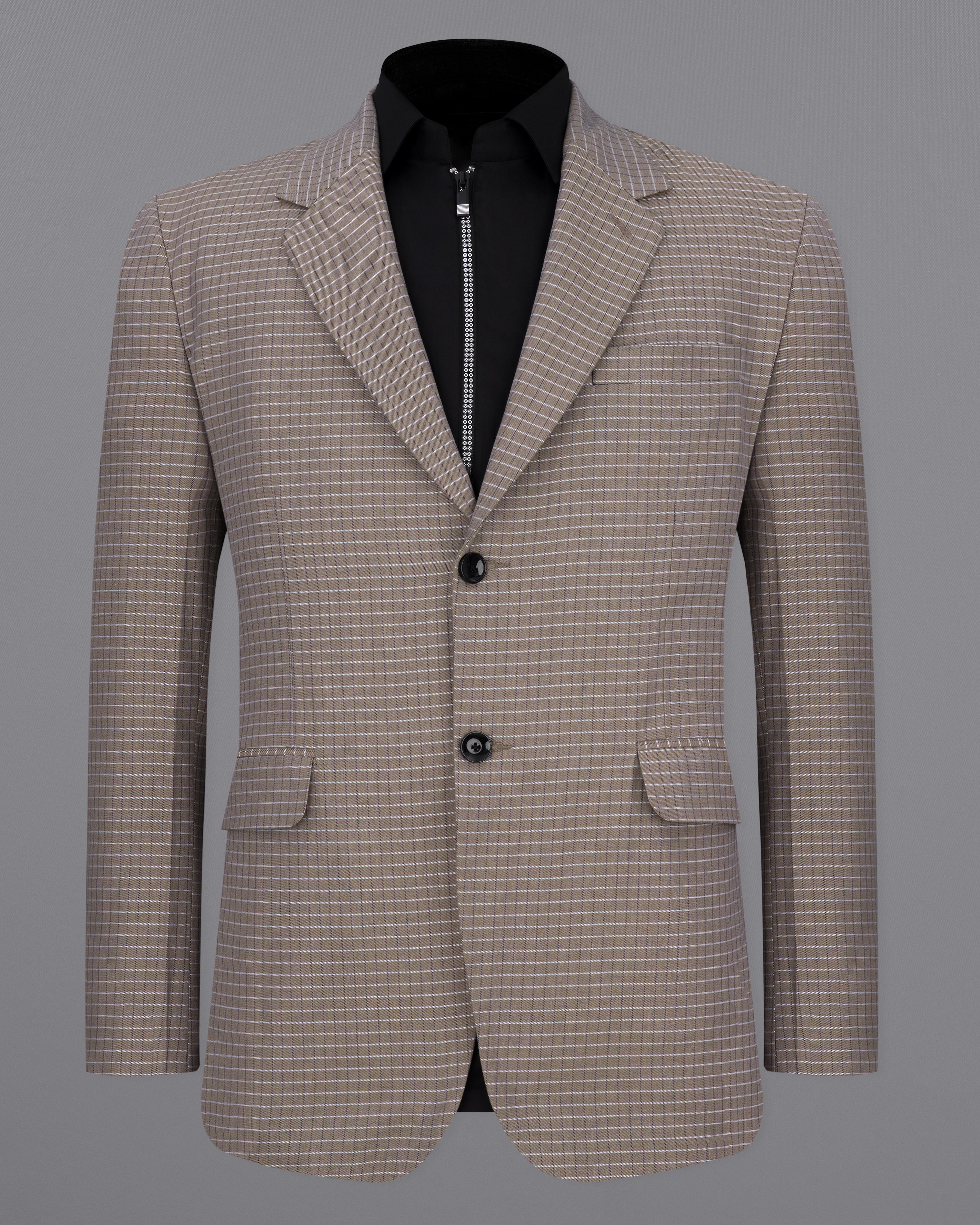 Sand Dune Brown Checkered Single Breasted Premium Cotton Blazer