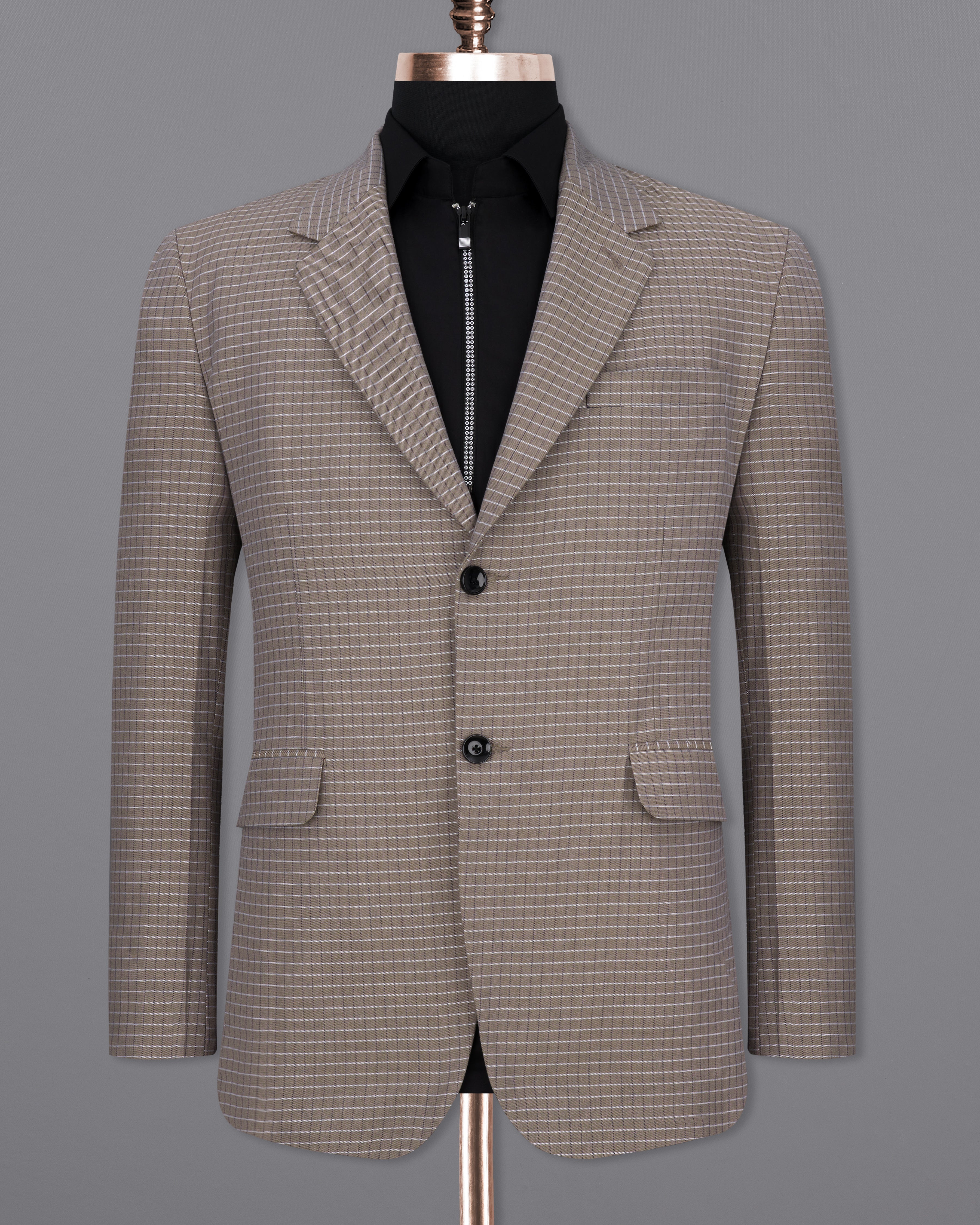 Sand Dune Brown Checkered Single Breasted Premium Cotton Blazer