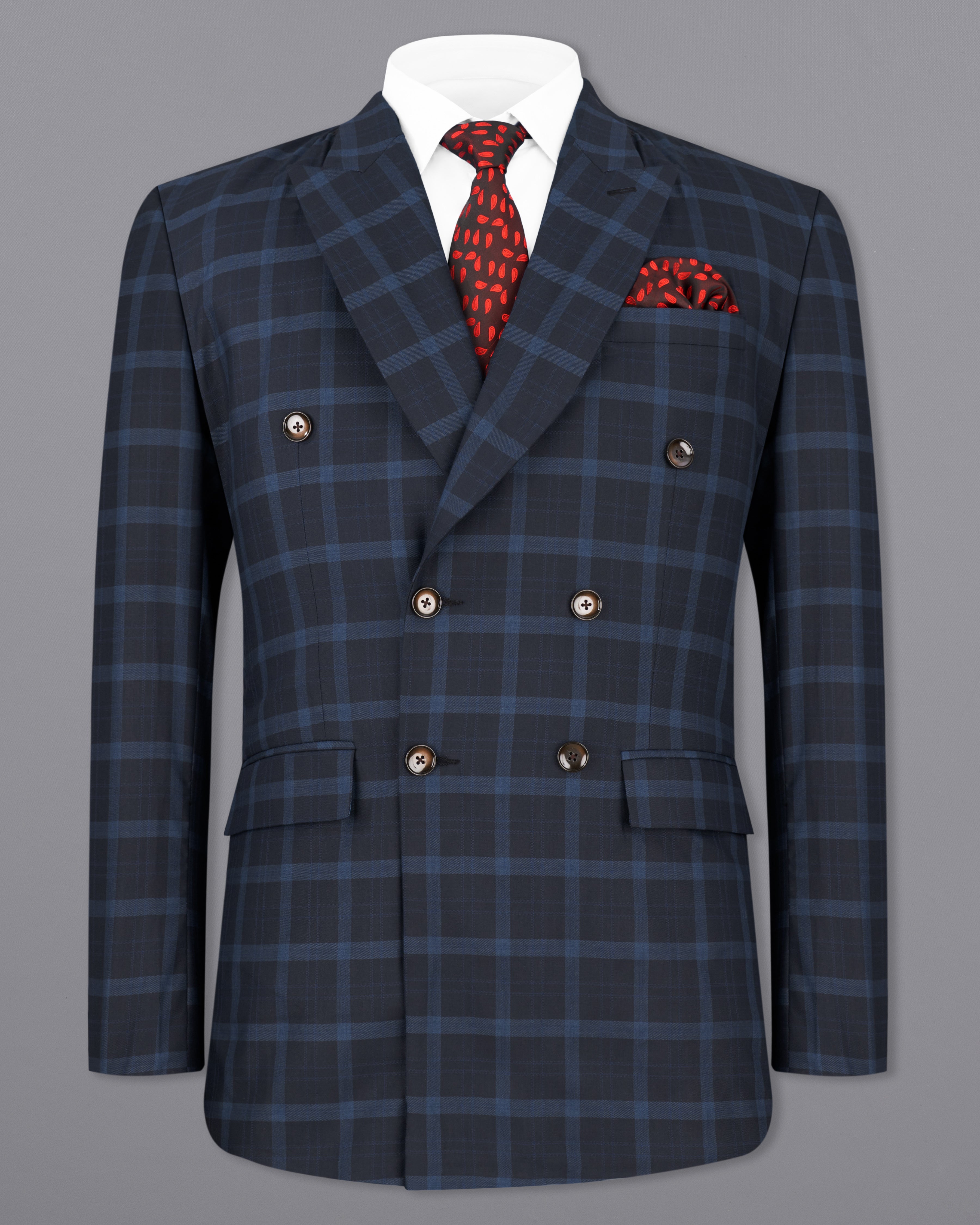 Baltic Sea Navy Blue Windowpane Double Breasted Blazer