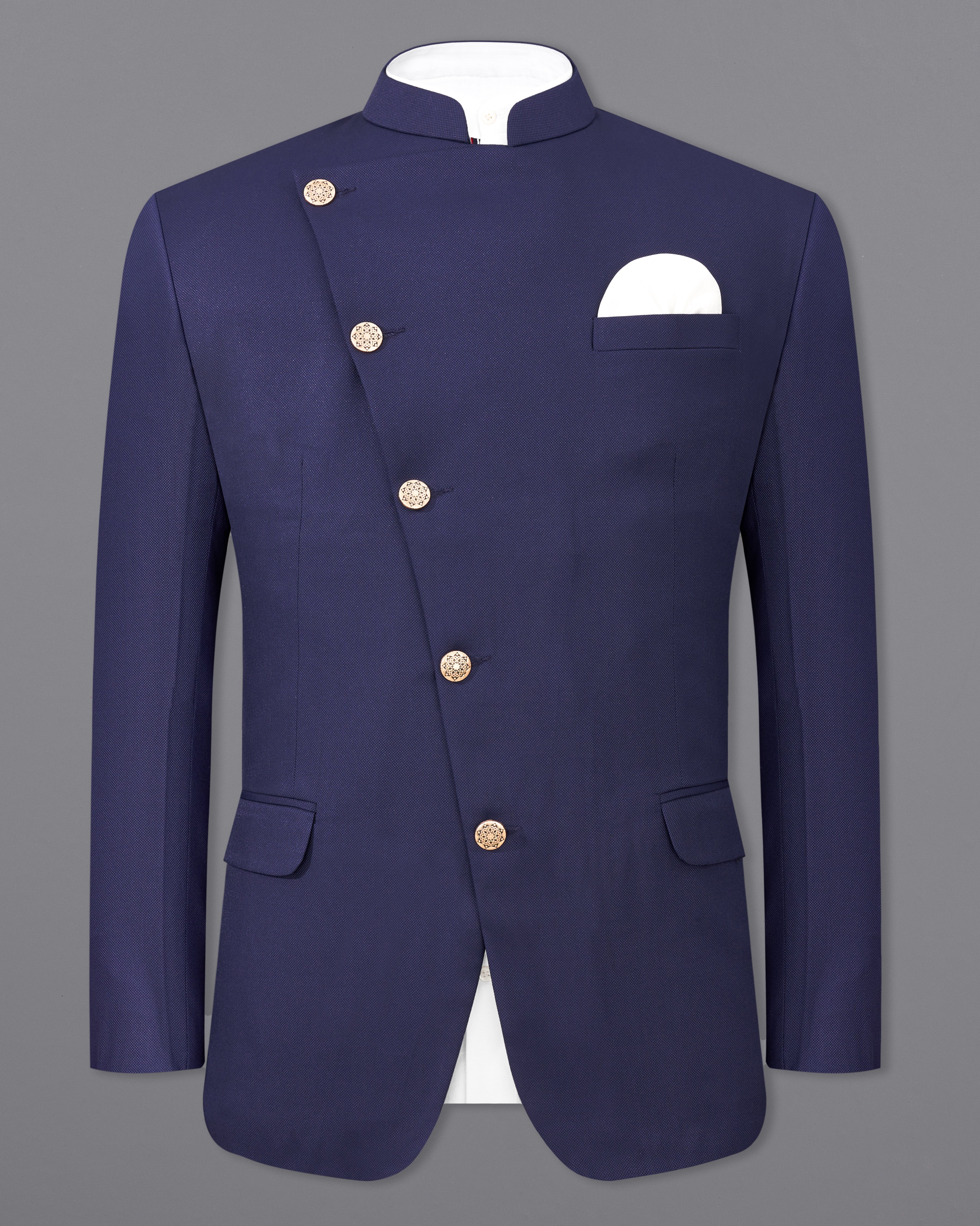 Ebony Clay Navy Blue Cross Placket Bandhgala Blazer