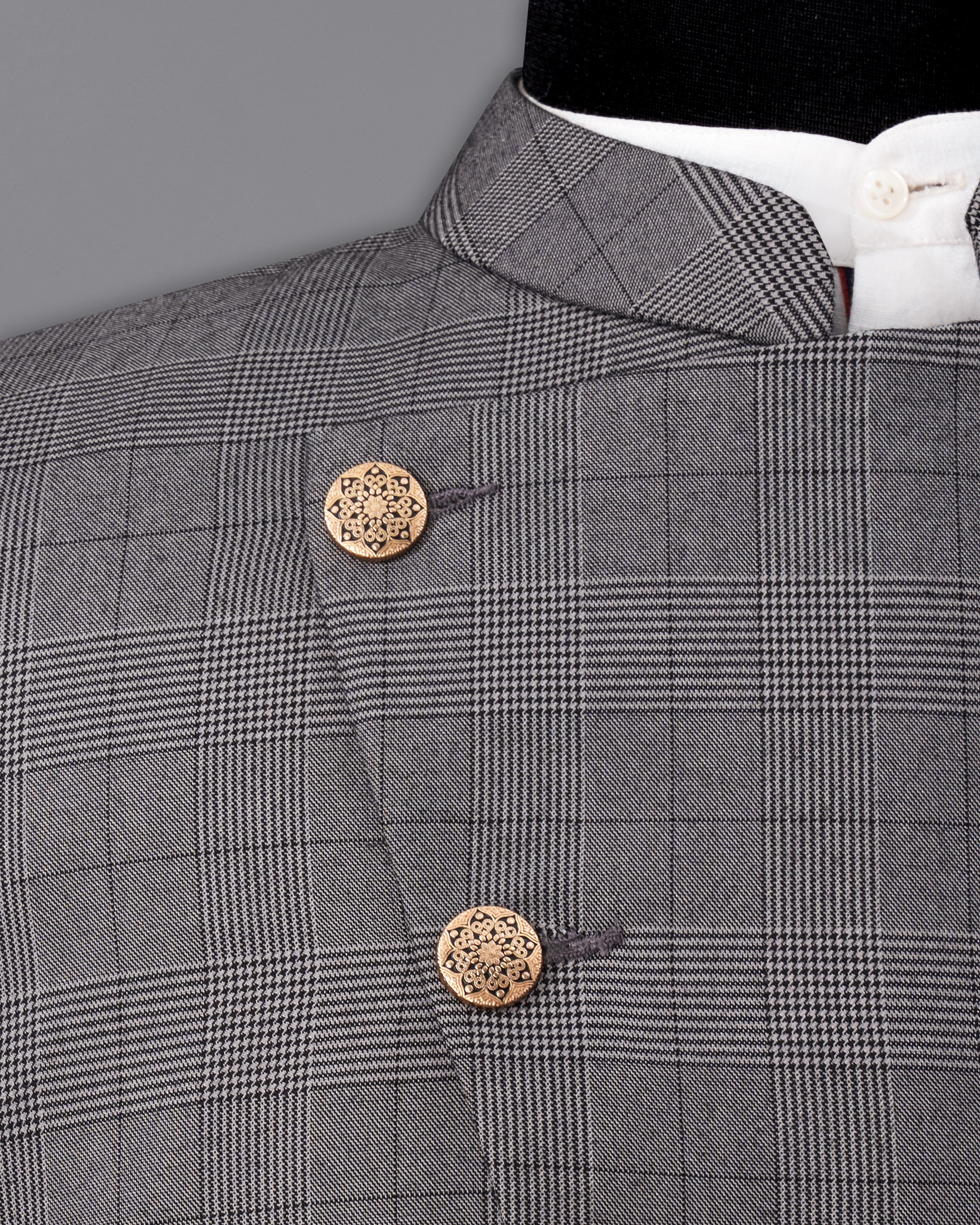 Fuscous Gray Plaid Cross Placket Bandhgala Blazer