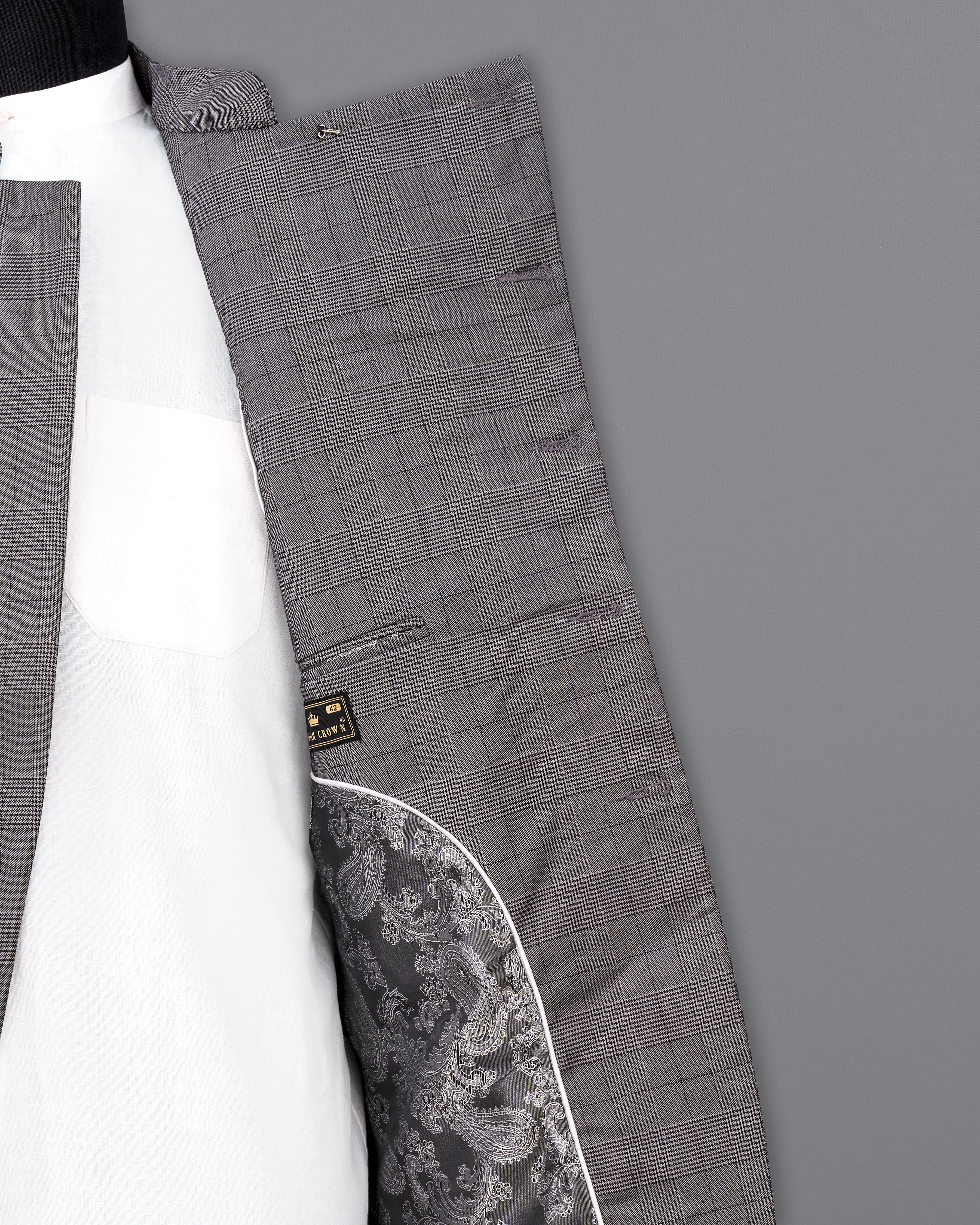 Fuscous Gray Plaid Cross Placket Bandhgala Blazer