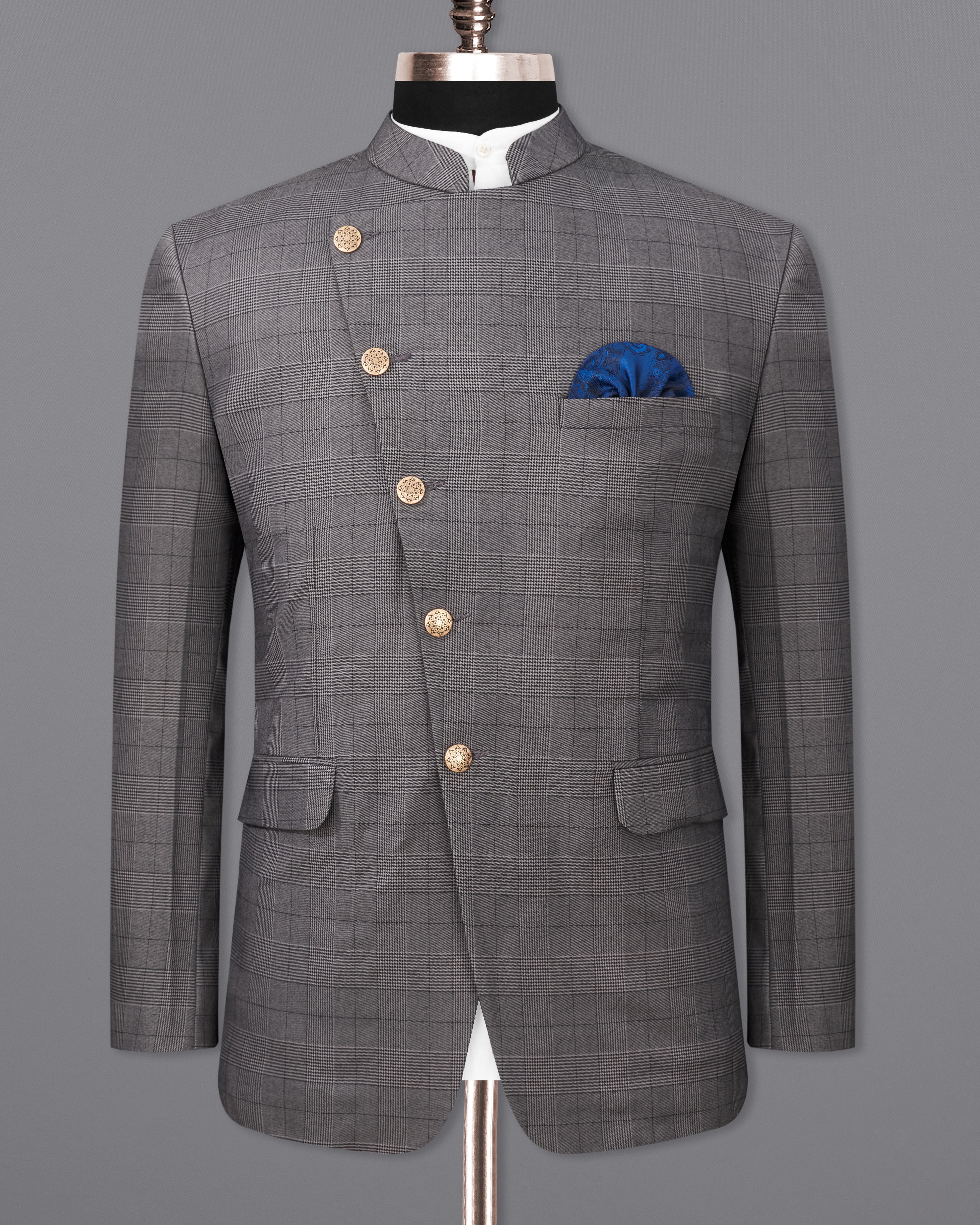 Fuscous Gray Plaid Cross Placket Bandhgala Blazer