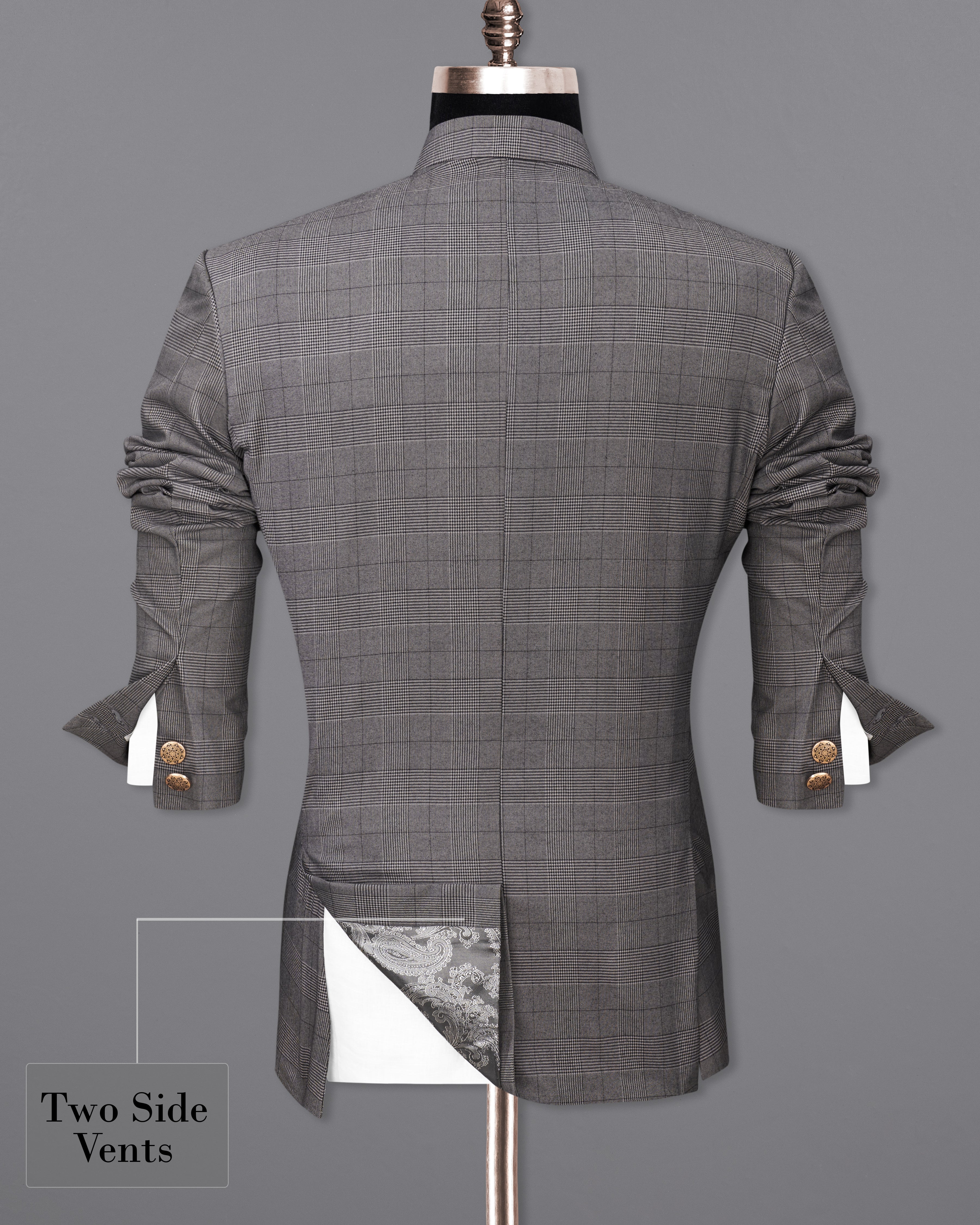 Fuscous Gray Plaid Cross Placket Bandhgala Blazer