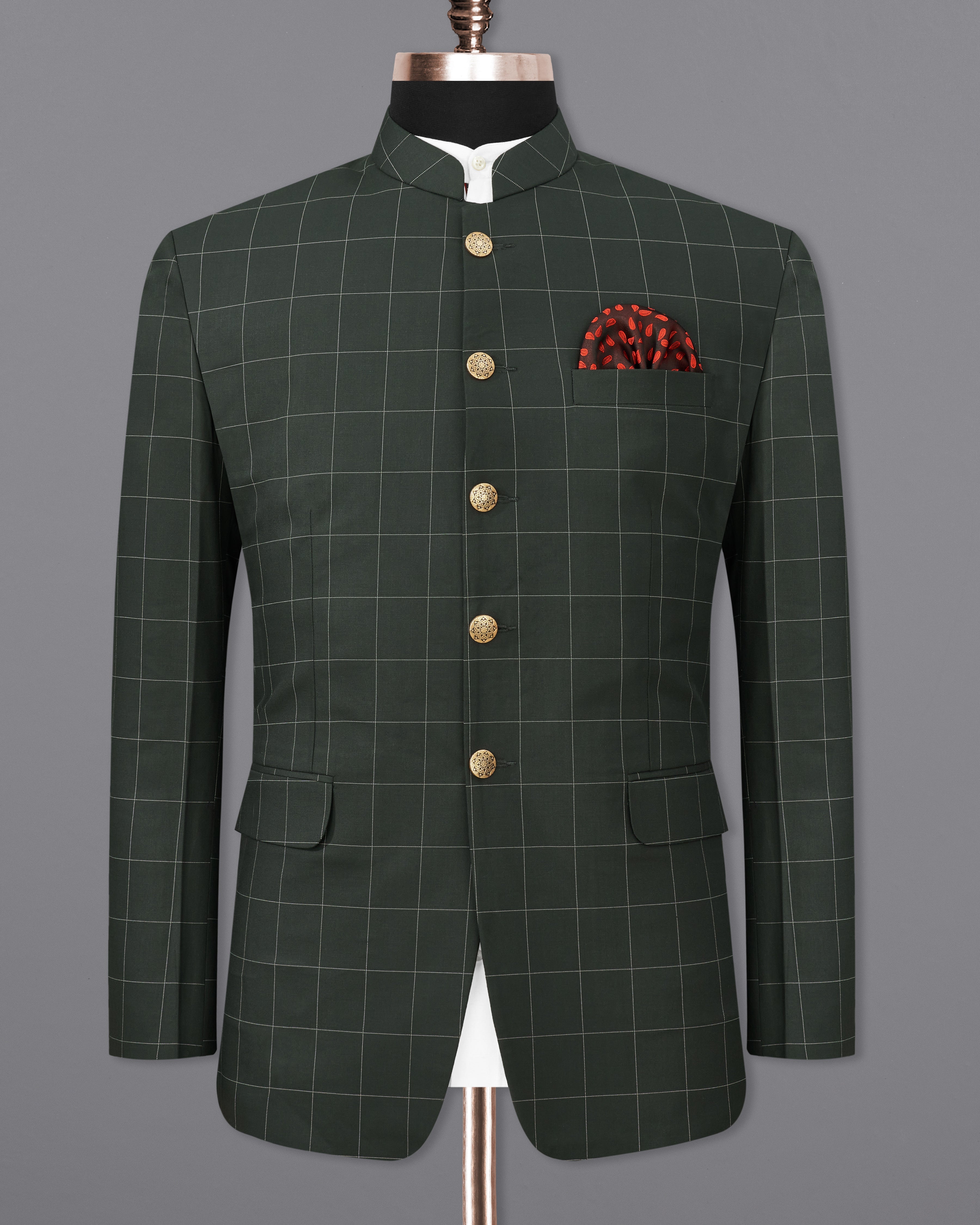 Mine Shaft Green Windowpane Bandhgala Blazer