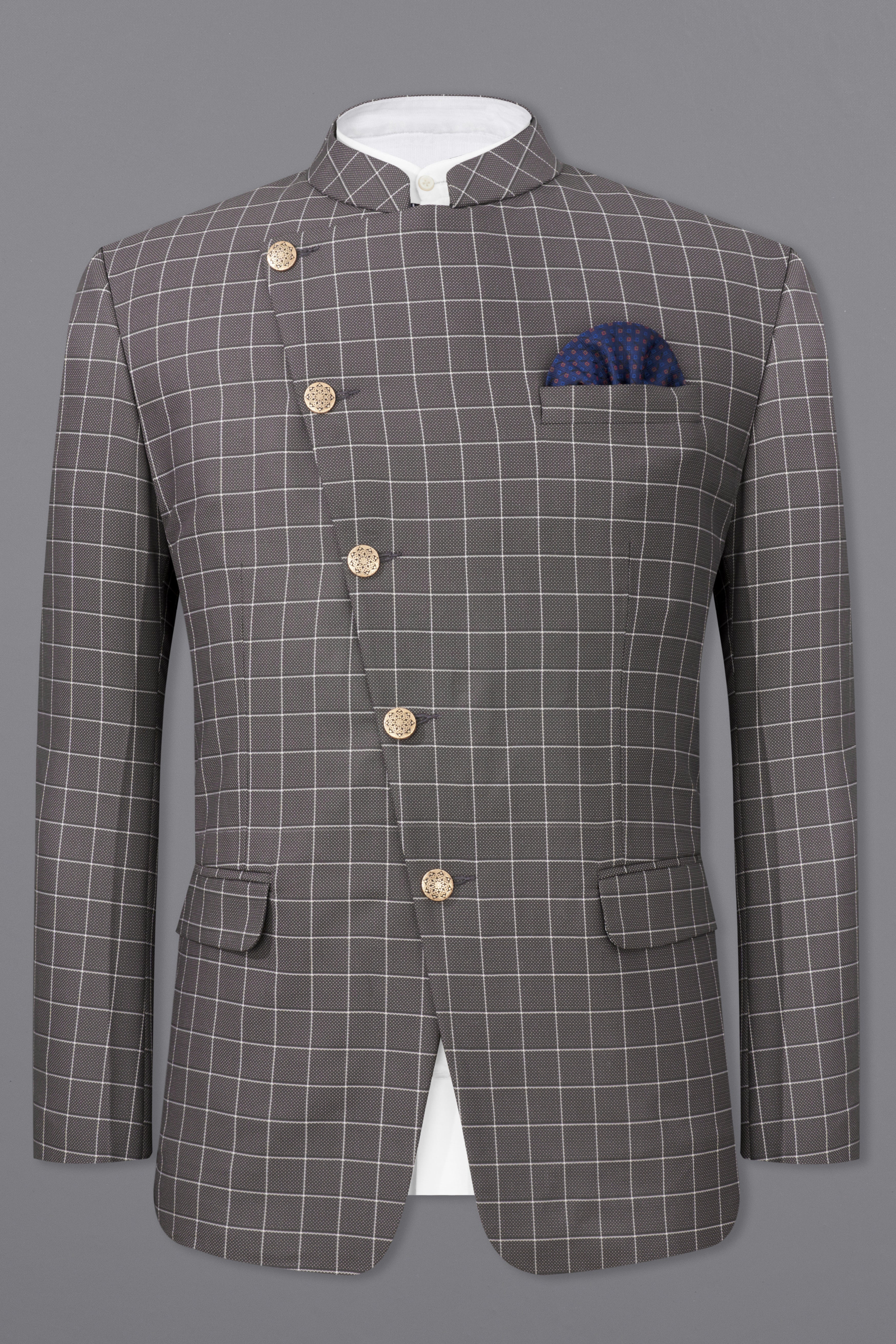 Mortar Gray Checkered Cross Placket Bandhgala Blazer