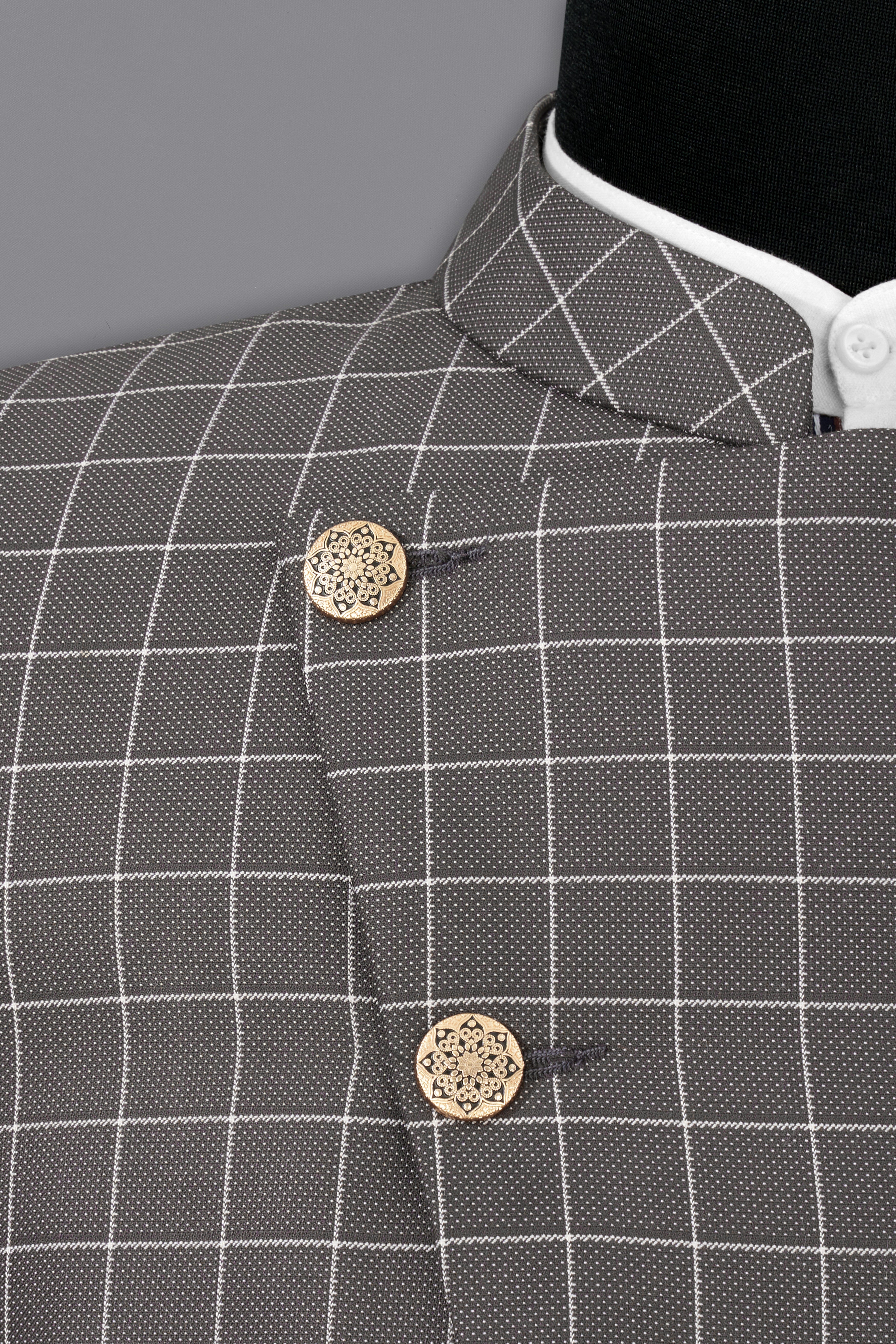 Mortar Gray Checkered Cross Placket Bandhgala Blazer