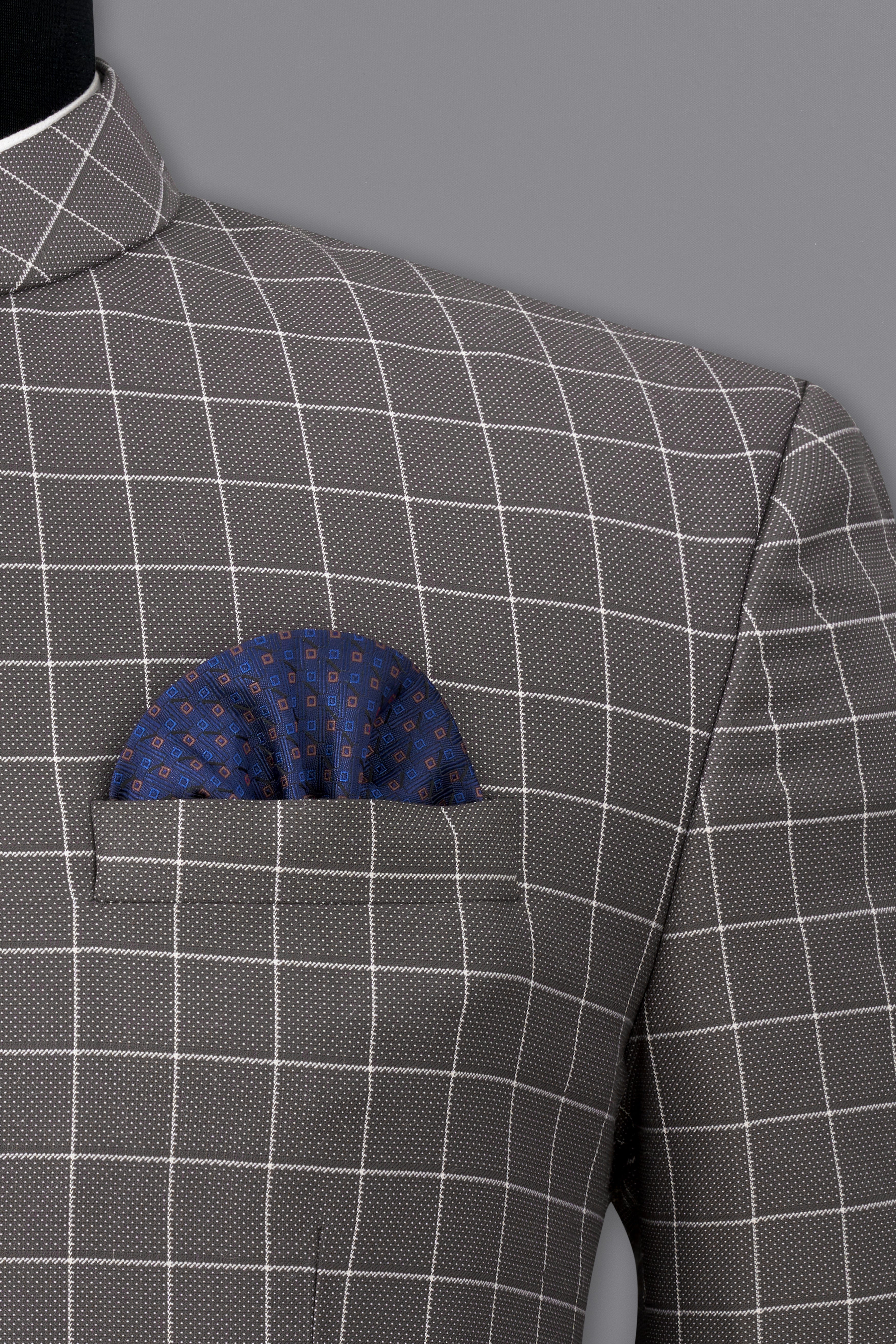 Mortar Gray Checkered Cross Placket Bandhgala Blazer