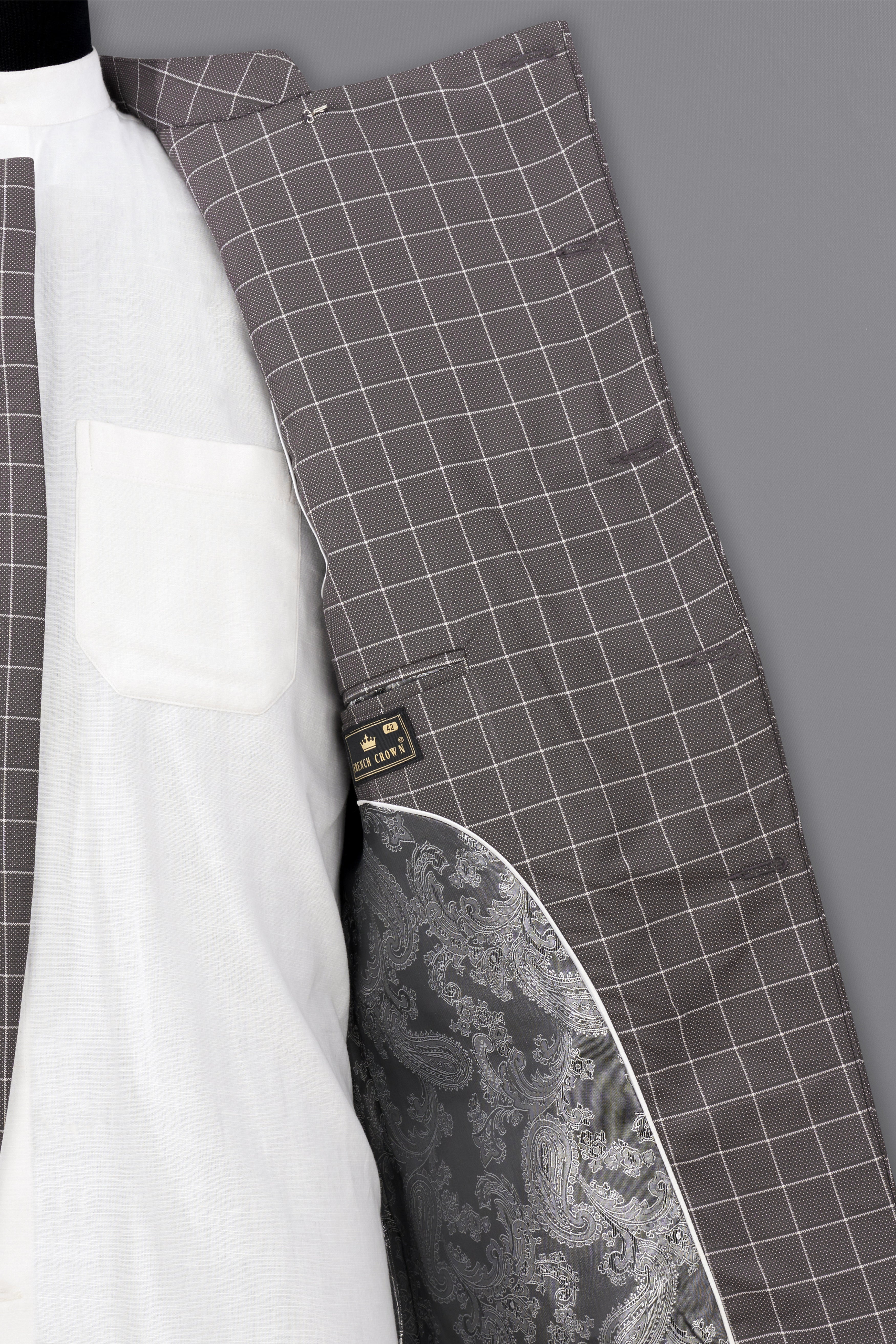 Mortar Gray Checkered Cross Placket Bandhgala Blazer