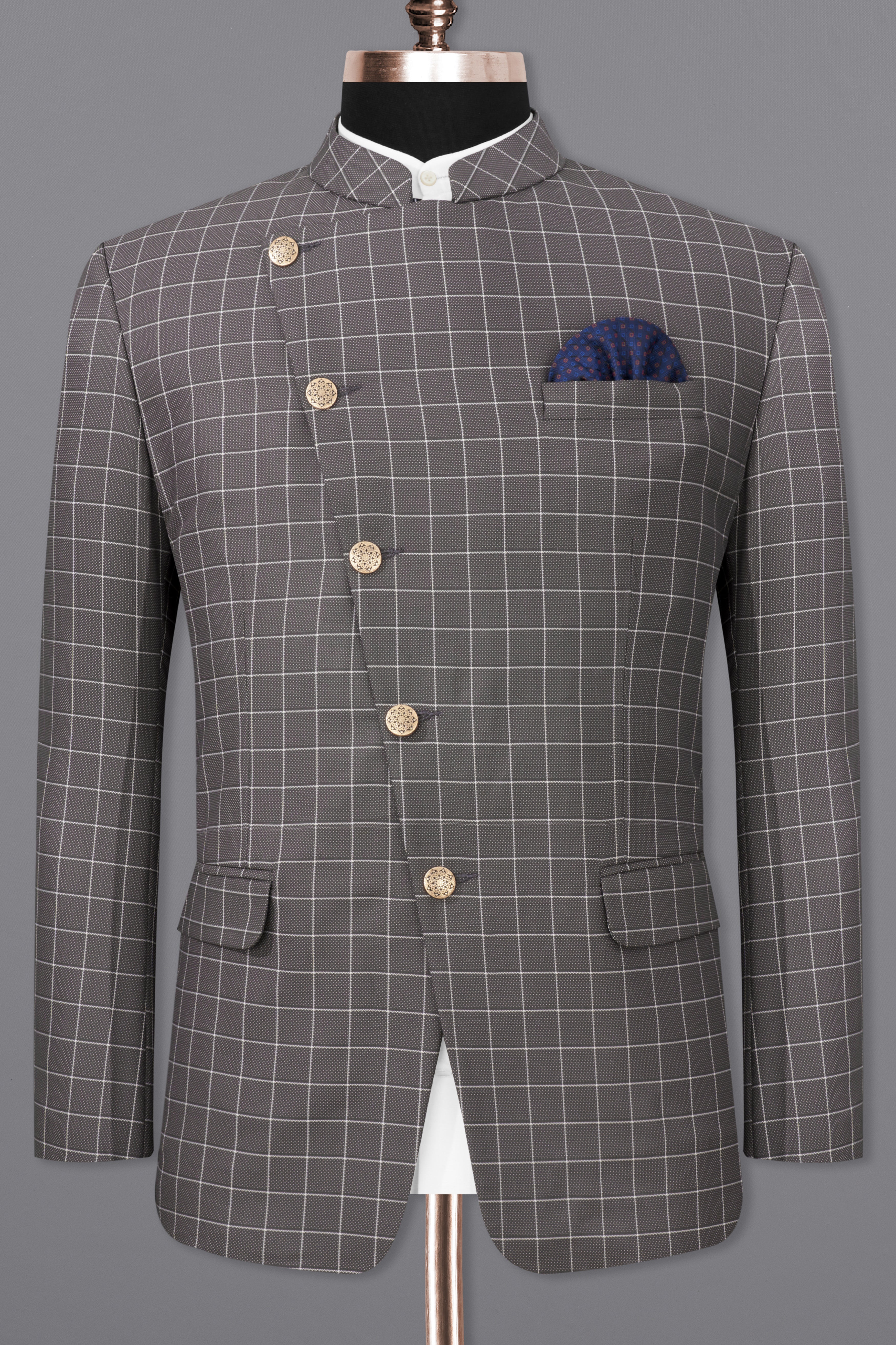 Mortar Gray Checkered Cross Placket Bandhgala Blazer