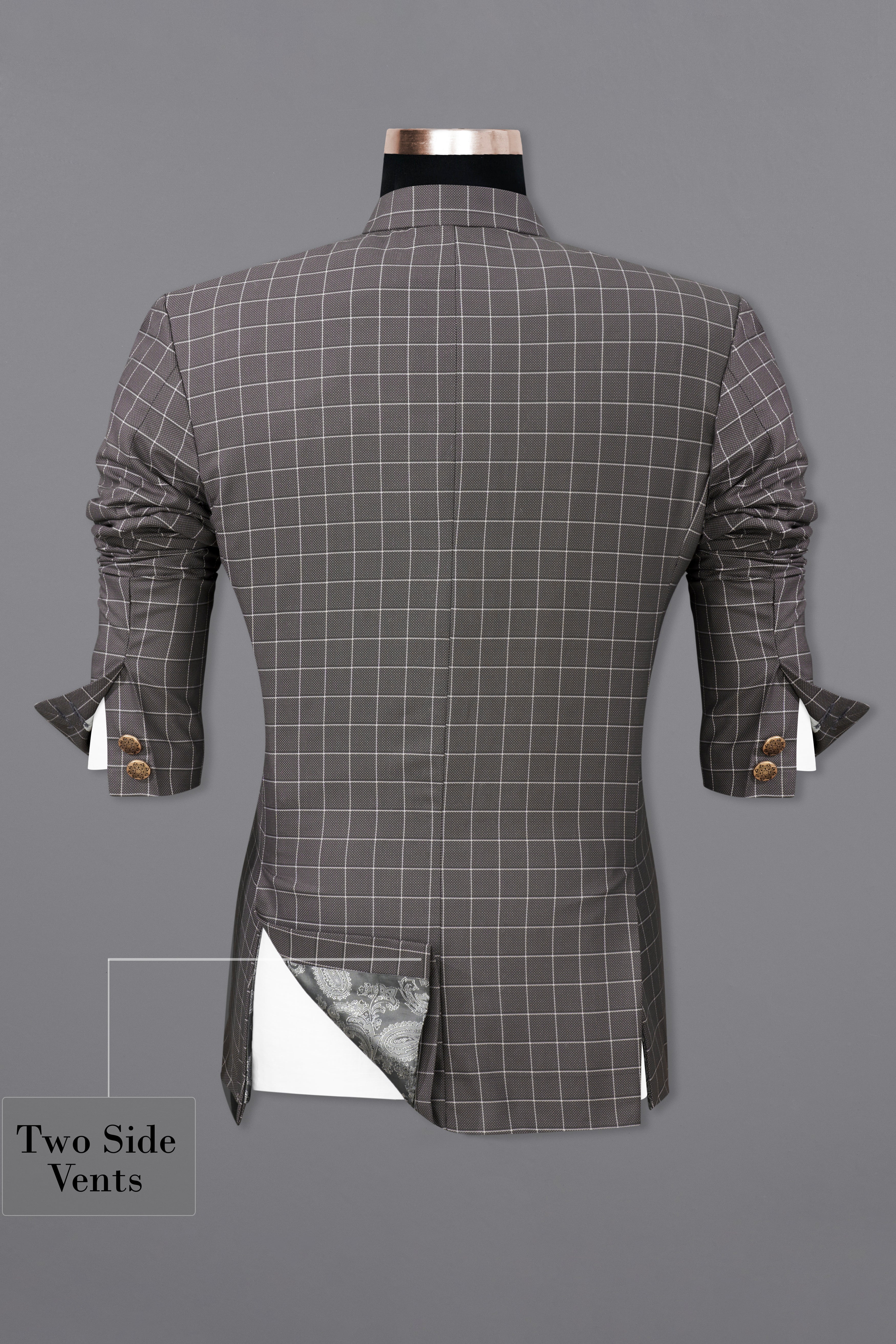 Mortar Gray Checkered Cross Placket Bandhgala Blazer