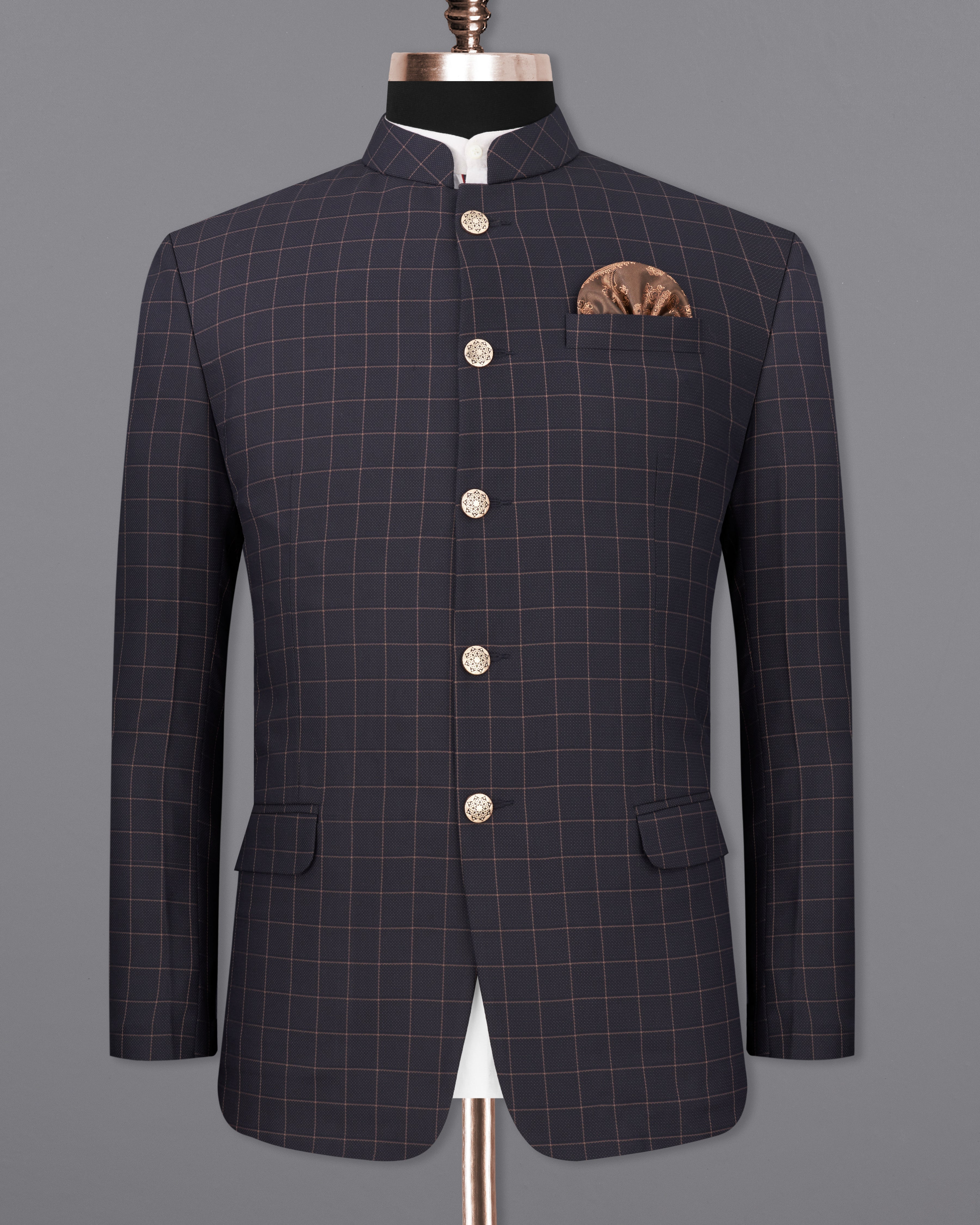 Haiti Navy Blue Checkered Bandhgala Blazer BL2274-BG-36, BL2274-BG-38, BL2274-BG-40, BL2274-BG-42, BL2274-BG-44, BL2274-BG-46, BL2274-BG-48, BL2274-BG-50, BL2274-BG-52, BL2274-BG-54, BL2274-BG-56, BL2274-BG-58, BL2274-BG-60