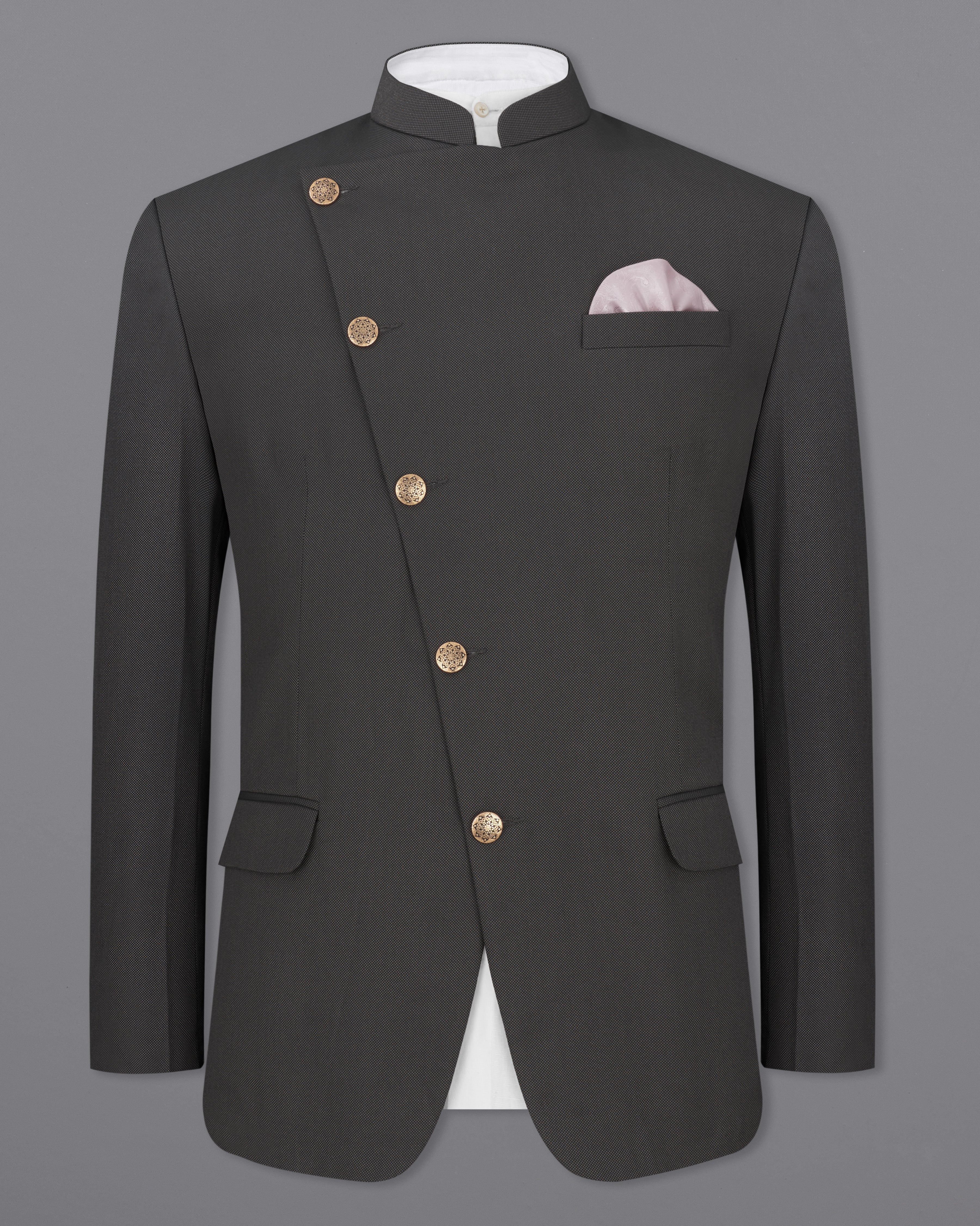 Fuscous Gray Cross Buttoned Bandhgala Blazer BL2284-CBG-36, BL2284-CBG-38, BL2284-CBG-40, BL2284-CBG-42, BL2284-CBG-44, BL2284-CBG-46, BL2284-CBG-48, BL2284-CBG-50, BL2284-CBG-52, BL2284-CBG-54, BL2284-CBG-56, BL2284-CBG-58, BL2284-CBG-60