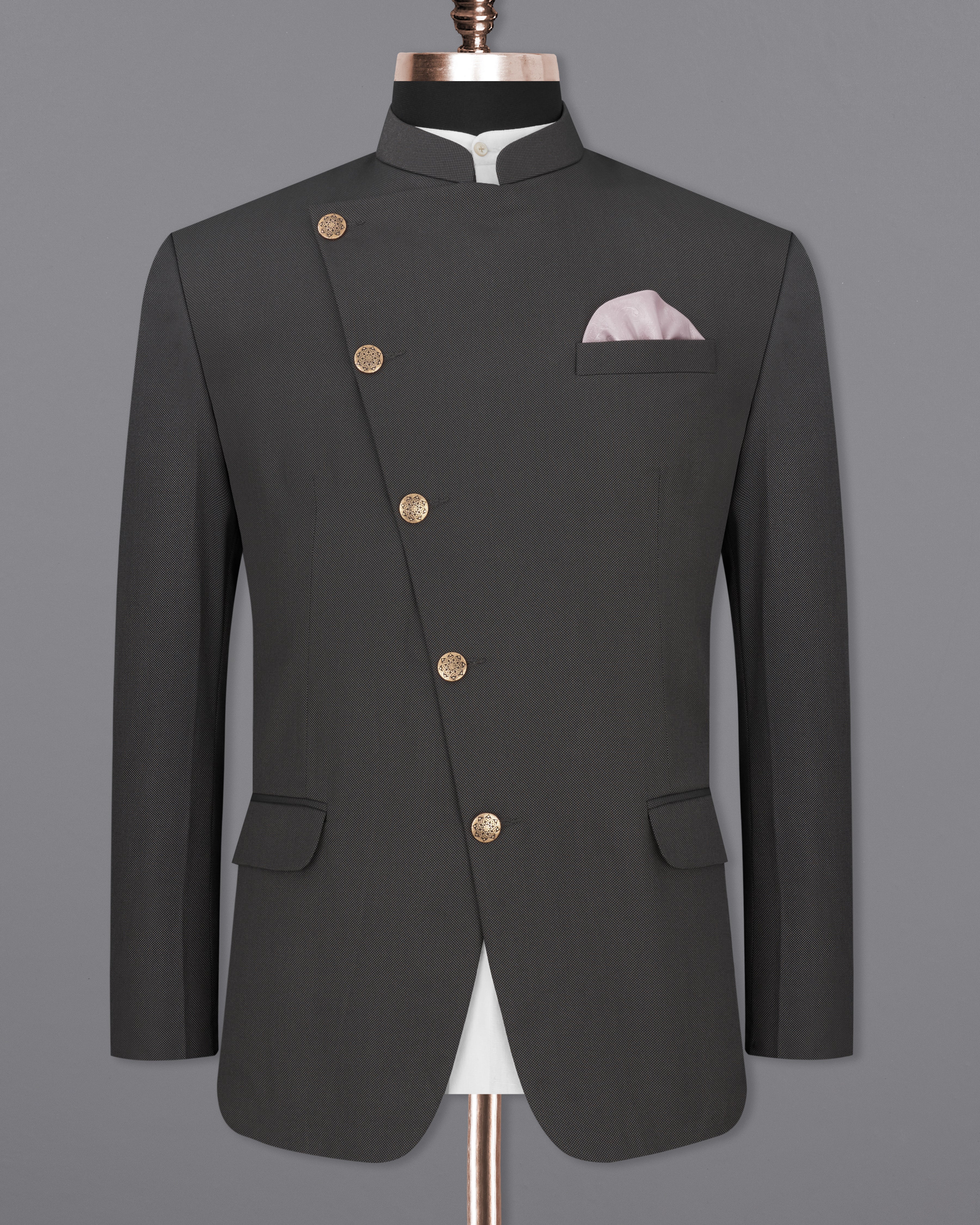 Fuscous Gray Cross Buttoned Bandhgala Blazer BL2284-CBG-36, BL2284-CBG-38, BL2284-CBG-40, BL2284-CBG-42, BL2284-CBG-44, BL2284-CBG-46, BL2284-CBG-48, BL2284-CBG-50, BL2284-CBG-52, BL2284-CBG-54, BL2284-CBG-56, BL2284-CBG-58, BL2284-CBG-60