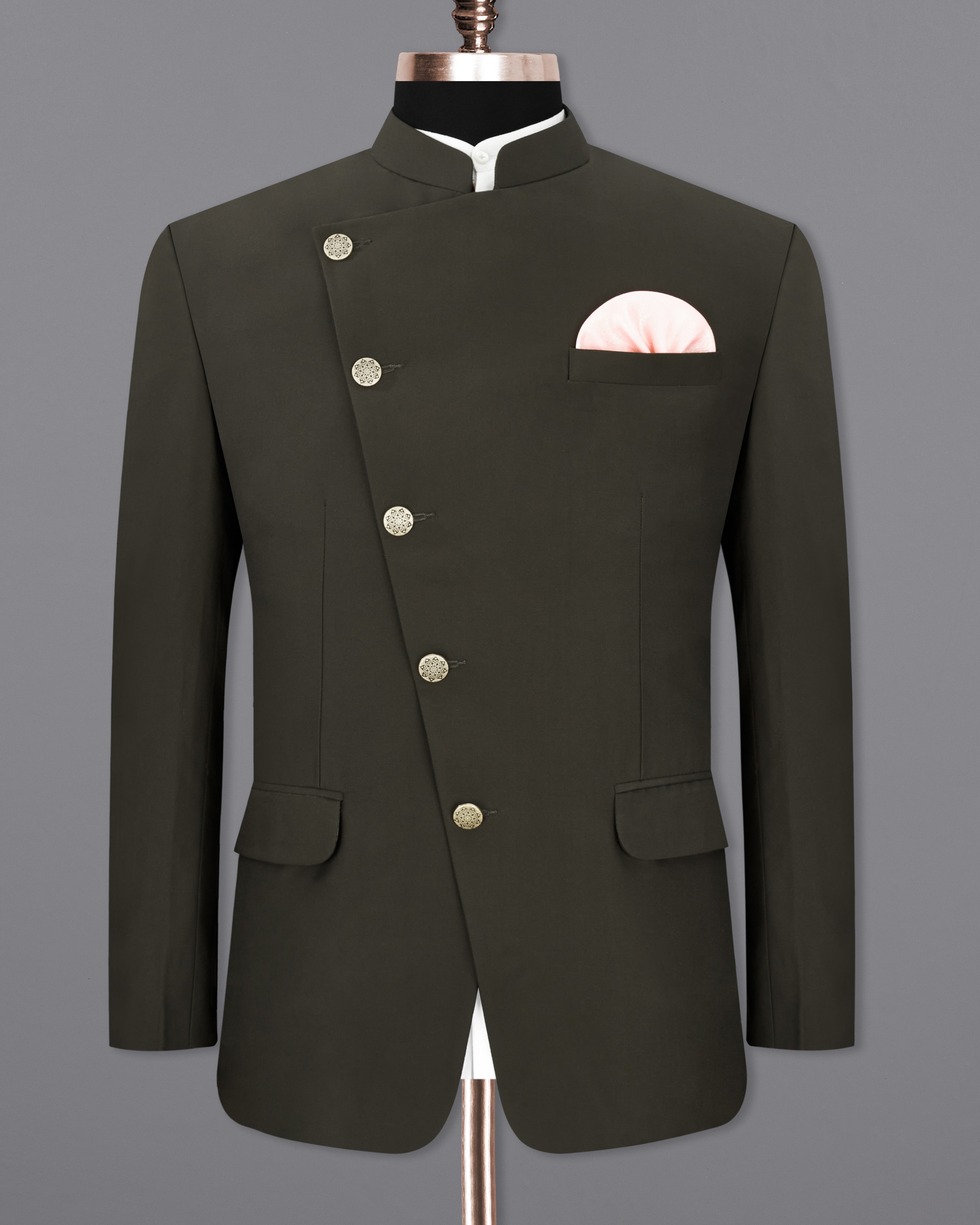 Bistre Green Cross Buttoned Bandhgala Blazer BL2295-CBG-36, BL2295-CBG-38, BL2295-CBG-40, BL2295-CBG-42, BL2295-CBG-44, BL2295-CBG-46, BL2295-CBG-48, BL2295-CBG-50, BL2295-CBG-52, BL2295-CBG-54, BL2295-CBG-56, BL2295-CBG-58, BL2295-CBG-60