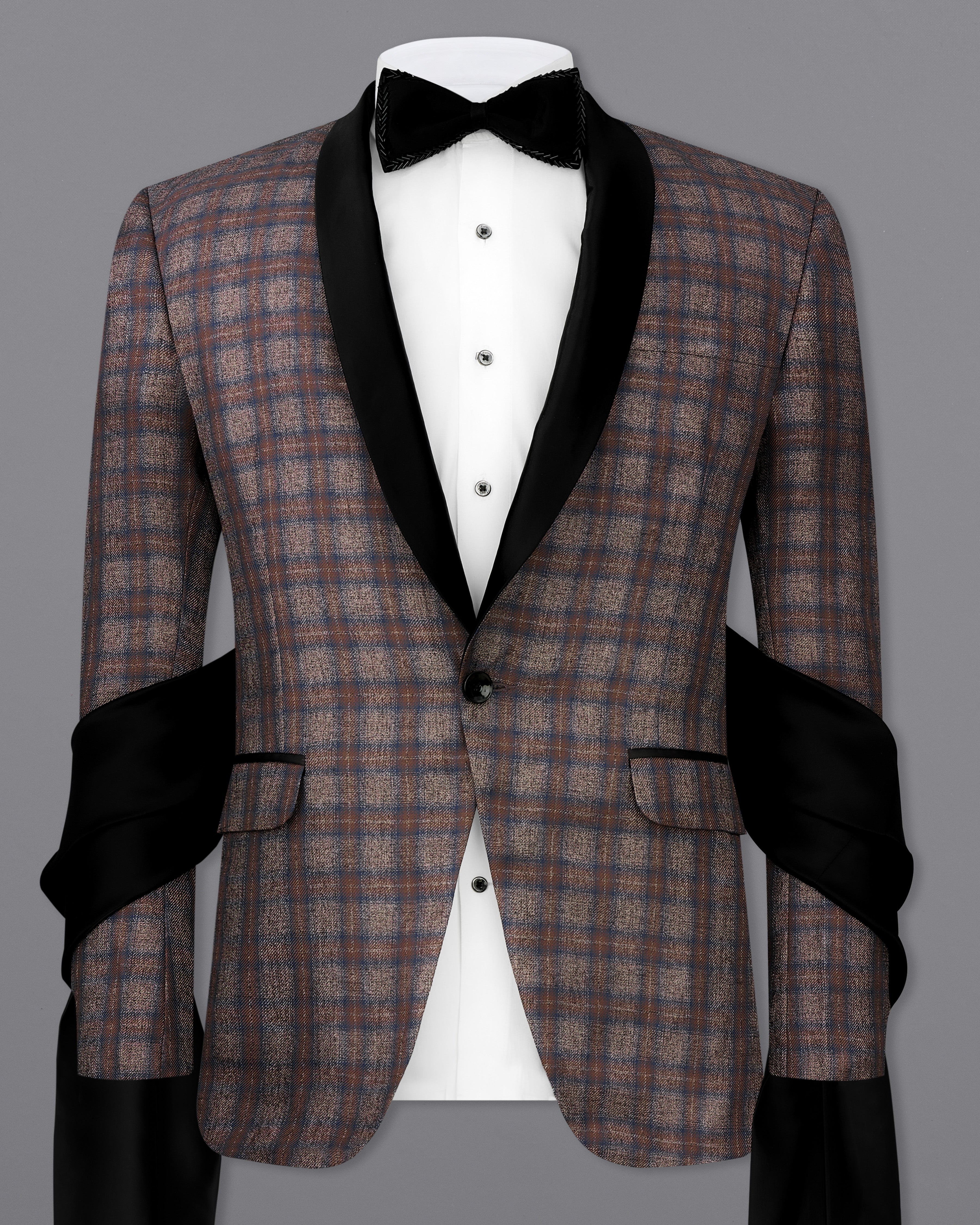 Hurricane Brown Plaid Tuxedo Designer Blazer with Shawl BL2336-BKL-D241-36, BL2336-BKL-D241-38, BL2336-BKL-D241-40, BL2336-BKL-D241-42, BL2336-BKL-D241-44, BL2336-BKL-D241-46, BL2336-BKL-D241-48, BL2336-BKL-D241-50, BL2336-BKL-D241-52, BL2336-BKL-D241-54, BL2336-BKL-D241-56, BL2336-BKL-D241-58, BL2336-BKL-D241-60		