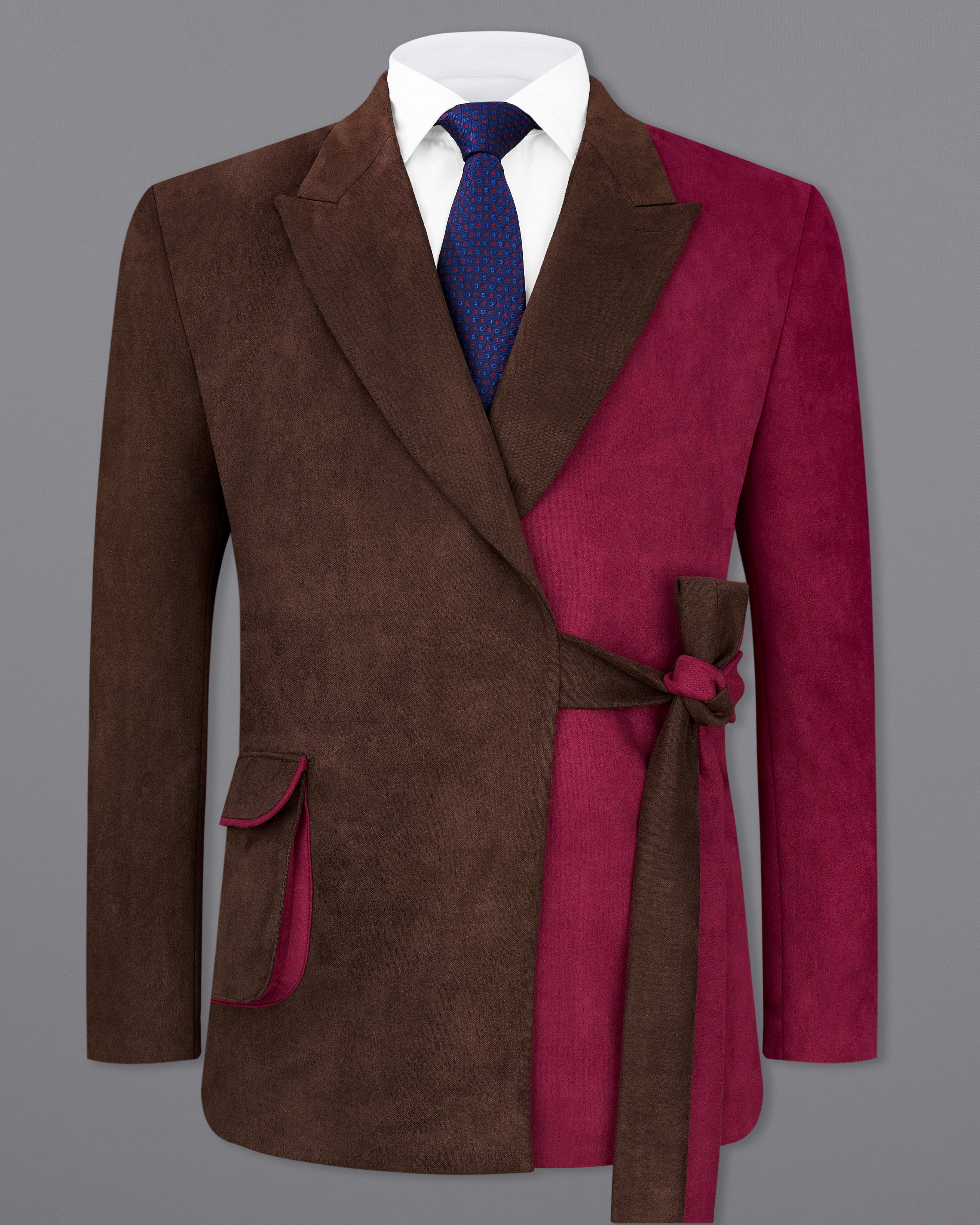 Half Eclipse Brown and Half Claret Red Velvet Designer Blazer With Knot Closure BL2340-DB-36, BL2340-DB-38, BL2340-DB-40, BL2340-DB-42, BL2340-DB-44, BL2340-DB-46, BL2340-DB-48, BL2340-DB-50, BL2340-DB-52, BL2340-DB-54, BL2340-DB-56, BL2340-DB-58, BL2340-DB-60