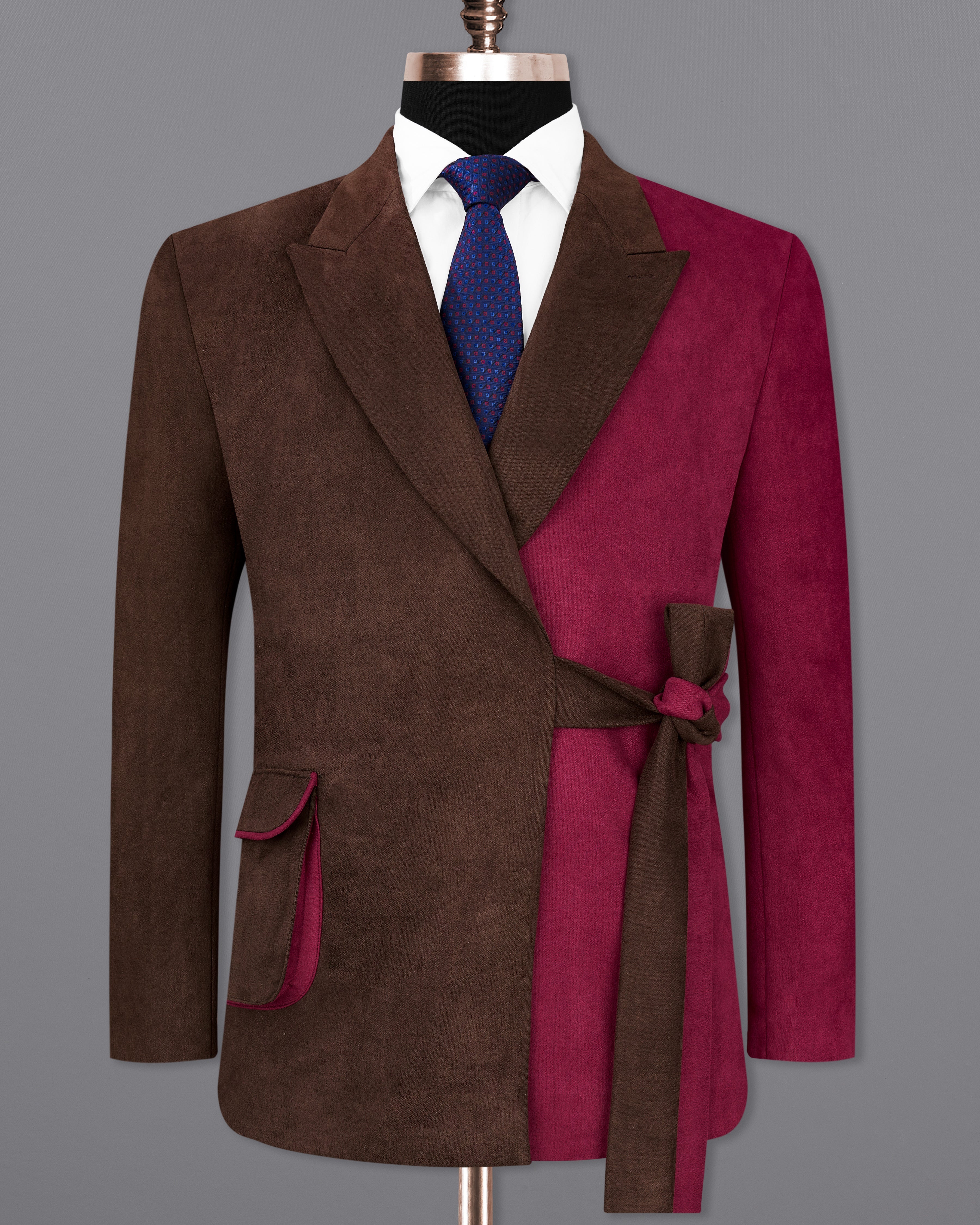 Half Eclipse Brown and Half Claret Red Velvet Designer Blazer With Knot Closure BL2340-DB-36, BL2340-DB-38, BL2340-DB-40, BL2340-DB-42, BL2340-DB-44, BL2340-DB-46, BL2340-DB-48, BL2340-DB-50, BL2340-DB-52, BL2340-DB-54, BL2340-DB-56, BL2340-DB-58, BL2340-DB-60