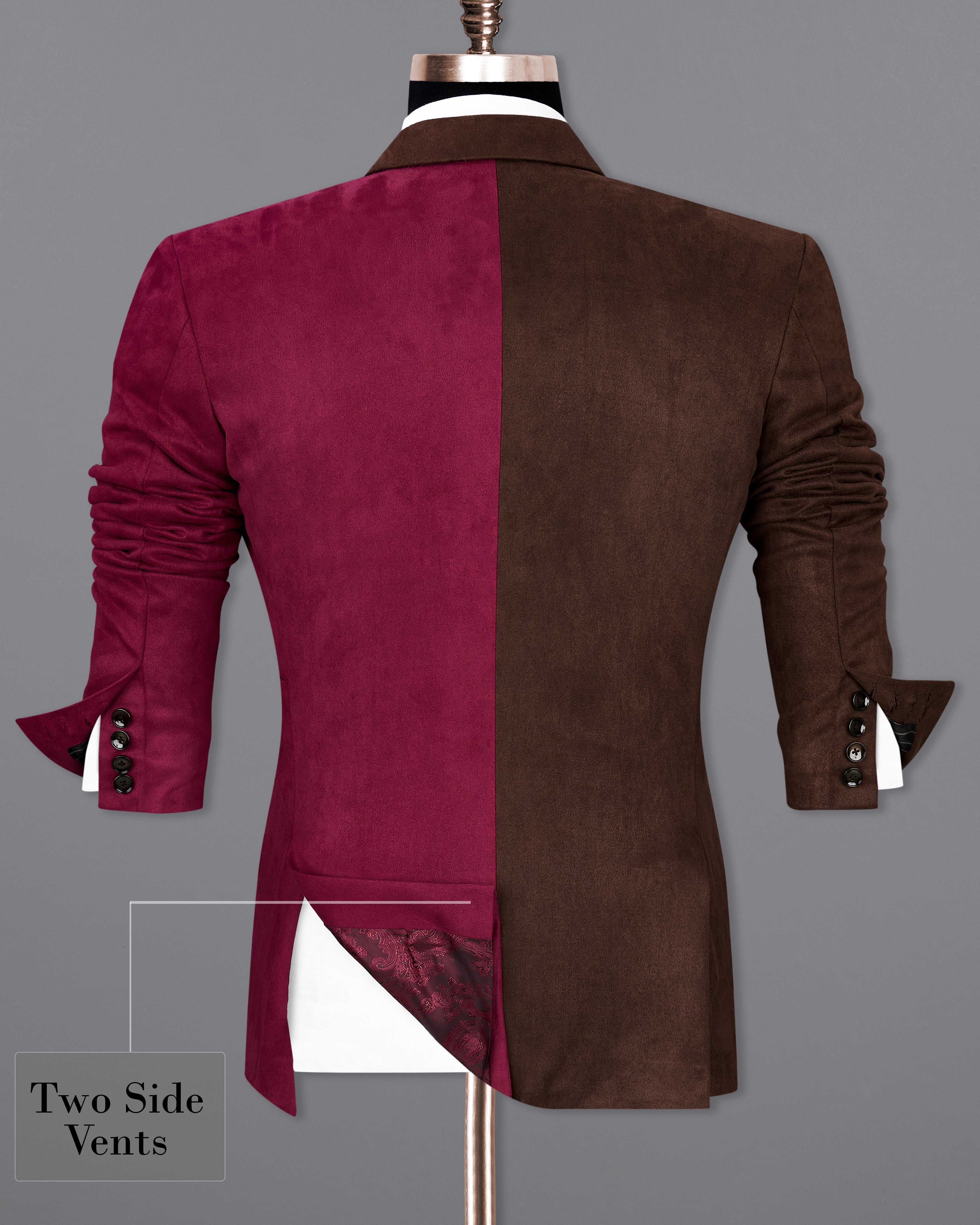 Half Eclipse Brown and Half Claret Red Velvet Designer Blazer With Knot Closure BL2340-DB-36, BL2340-DB-38, BL2340-DB-40, BL2340-DB-42, BL2340-DB-44, BL2340-DB-46, BL2340-DB-48, BL2340-DB-50, BL2340-DB-52, BL2340-DB-54, BL2340-DB-56, BL2340-DB-58, BL2340-DB-60