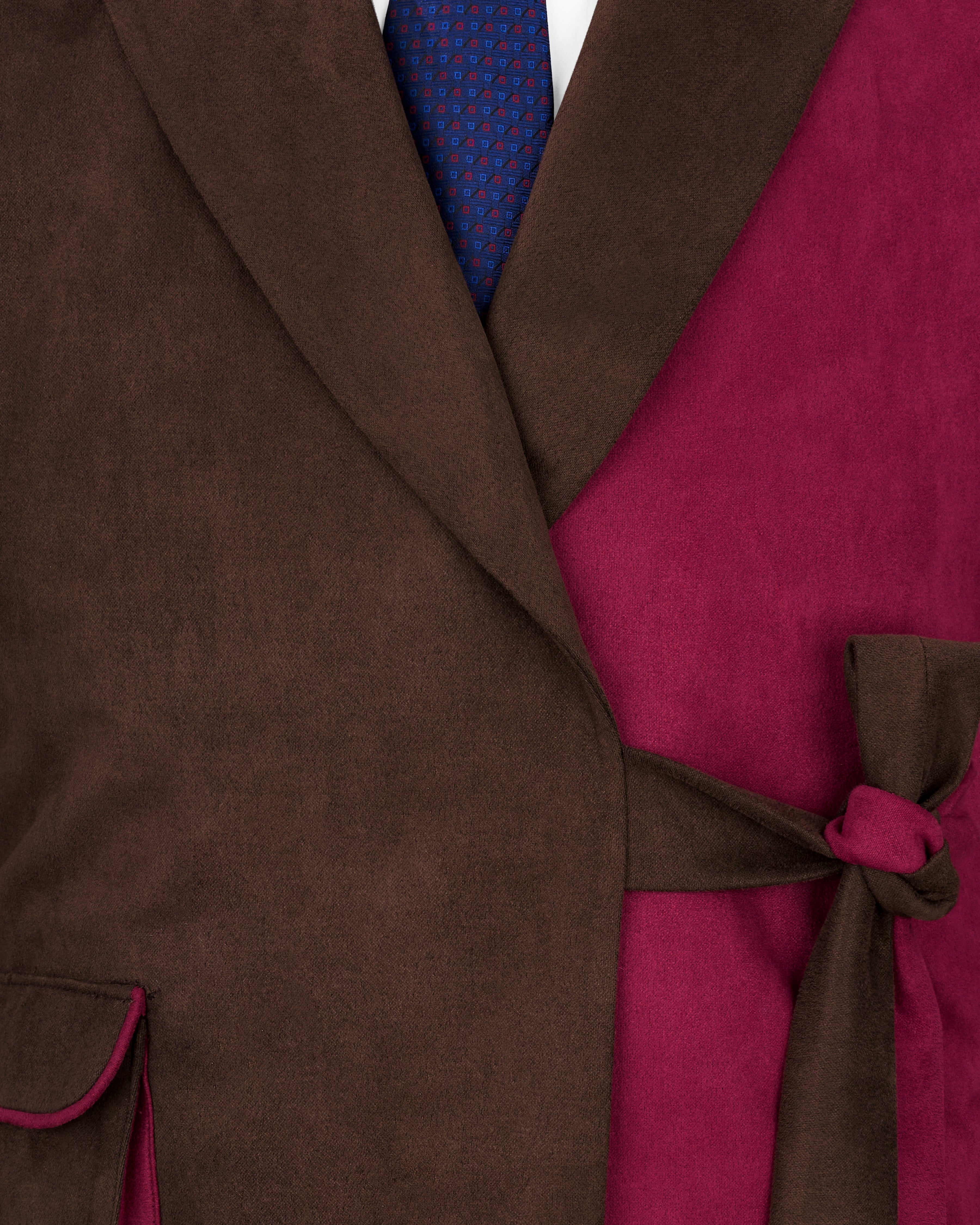 Half Eclipse Brown and Half Claret Red Velvet Designer Blazer With Knot Closure BL2340-DB-36, BL2340-DB-38, BL2340-DB-40, BL2340-DB-42, BL2340-DB-44, BL2340-DB-46, BL2340-DB-48, BL2340-DB-50, BL2340-DB-52, BL2340-DB-54, BL2340-DB-56, BL2340-DB-58, BL2340-DB-60