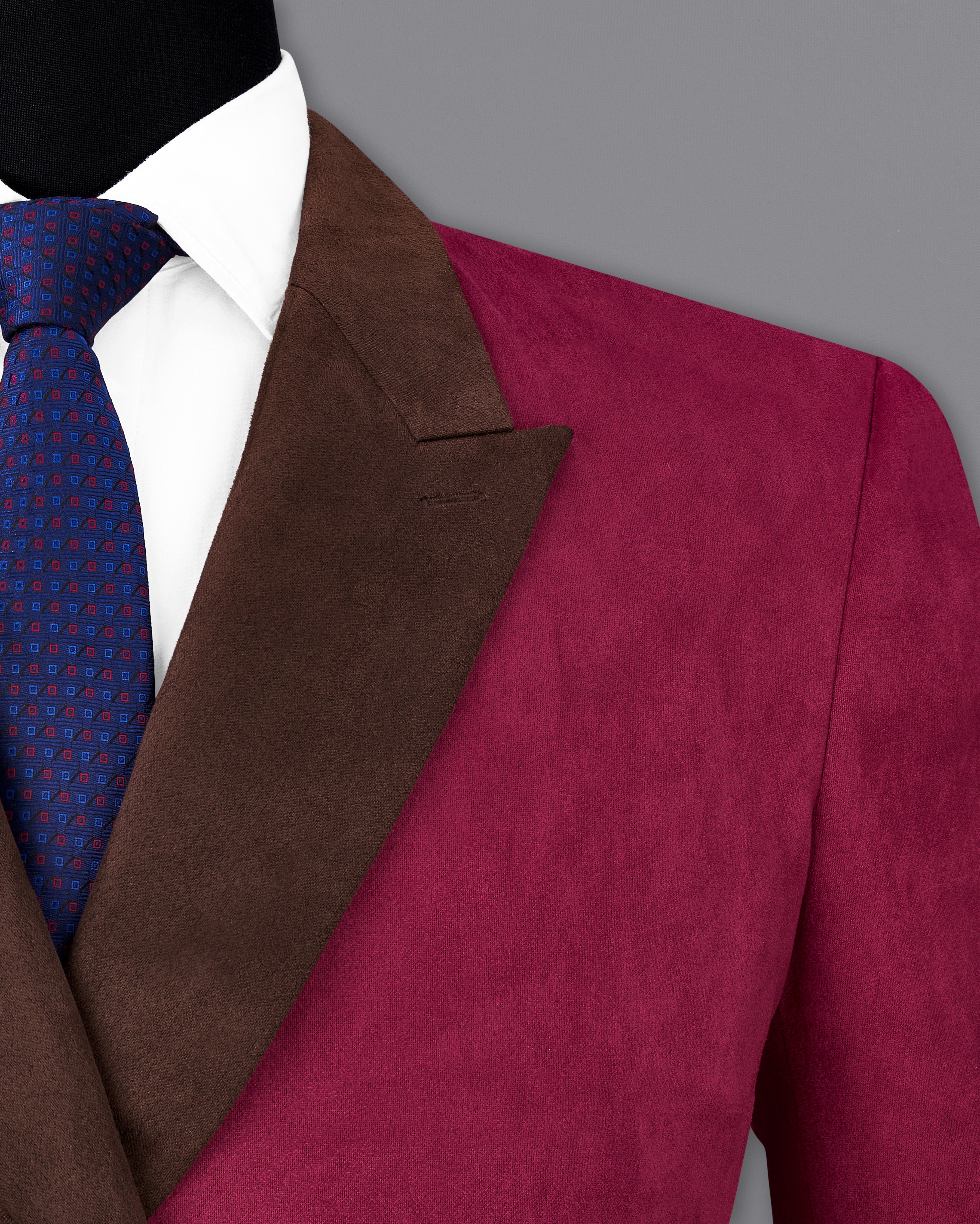 Half Eclipse Brown and Half Claret Red Velvet Designer Blazer With Knot Closure BL2340-DB-36, BL2340-DB-38, BL2340-DB-40, BL2340-DB-42, BL2340-DB-44, BL2340-DB-46, BL2340-DB-48, BL2340-DB-50, BL2340-DB-52, BL2340-DB-54, BL2340-DB-56, BL2340-DB-58, BL2340-DB-60