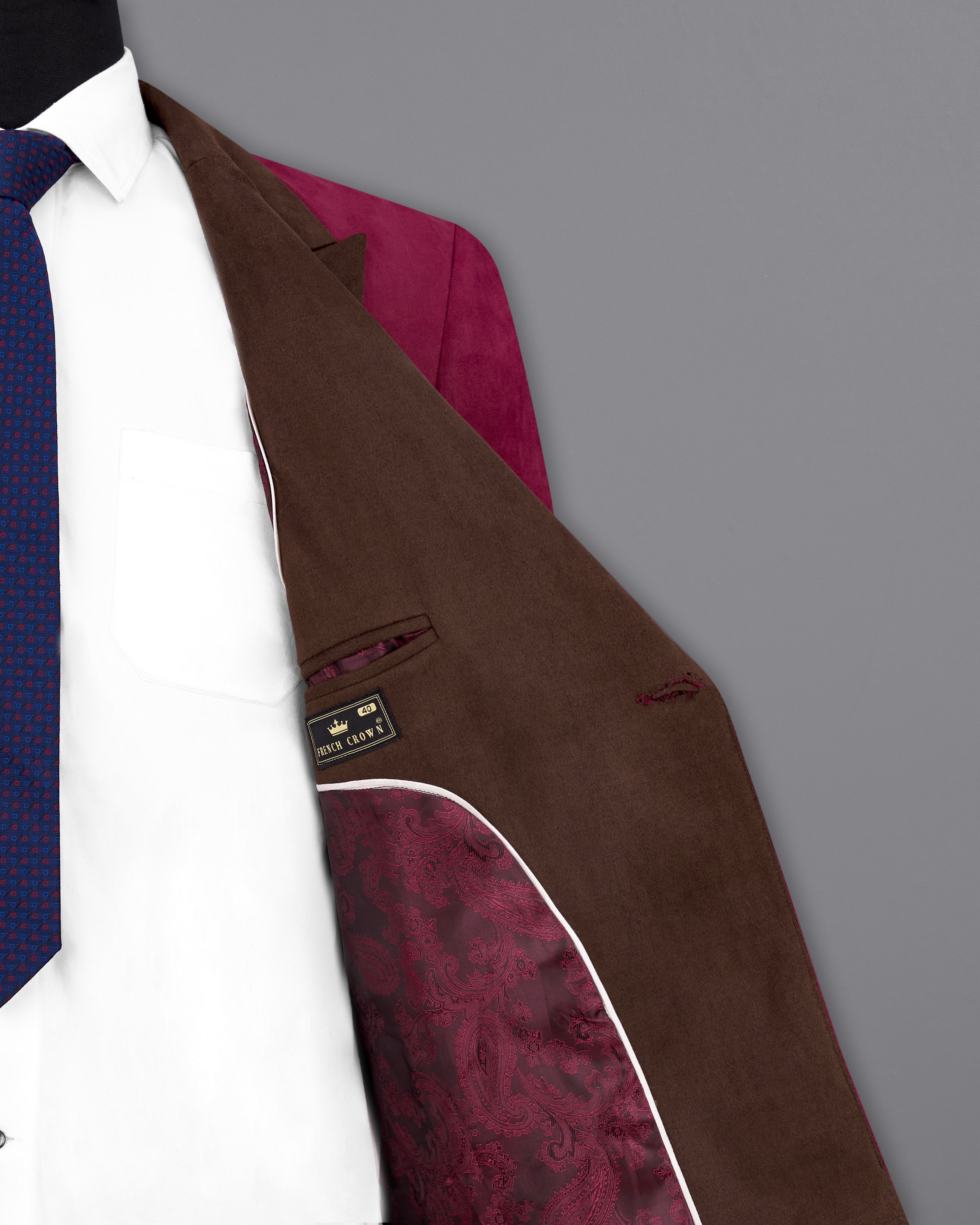 Half Eclipse Brown and Half Claret Red Velvet Designer Blazer With Knot Closure BL2340-DB-36, BL2340-DB-38, BL2340-DB-40, BL2340-DB-42, BL2340-DB-44, BL2340-DB-46, BL2340-DB-48, BL2340-DB-50, BL2340-DB-52, BL2340-DB-54, BL2340-DB-56, BL2340-DB-58, BL2340-DB-60