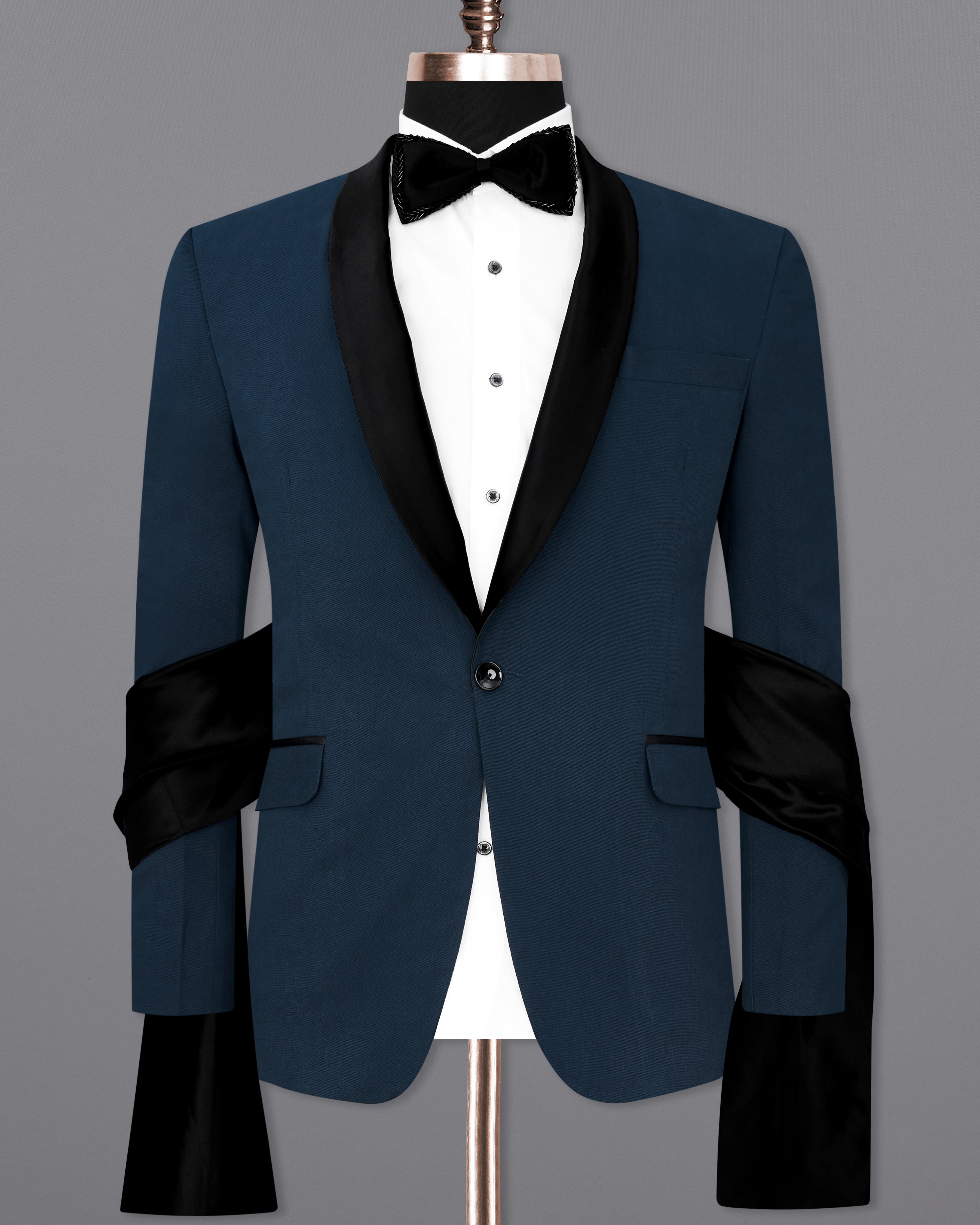 Big Stone Blue Premium Cotton Designer Tuxedo Blazer with Shawl BL2351-BKL-D241-36, BL2351-BKL-D241-38, BL2351-BKL-D241-40, BL2351-BKL-D241-42, BL2351-BKL-D241-44, BL2351-BKL-D241-46, BL2351-BKL-D241-48, BL2351-BKL-D241-50, BL2351-BKL-D241-52, BL2351-BKL-D241-54, BL2351-BKL-D241-56, BL2351-BKL-D241-58, BL2351-BKL-D241-60