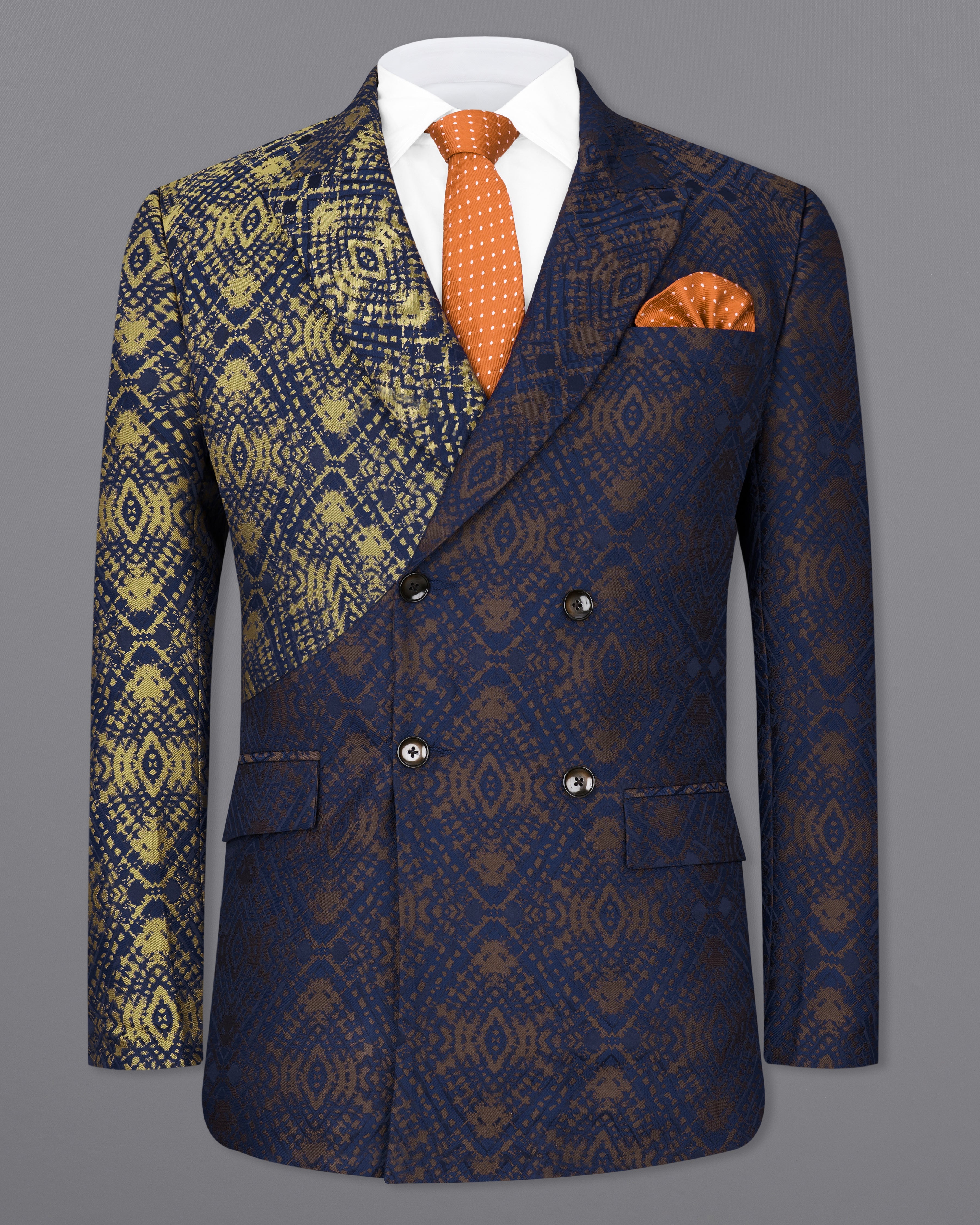 Bleached Navy Blue with Apache Gold Double Breasted Jacquard Textured Designer Blazer