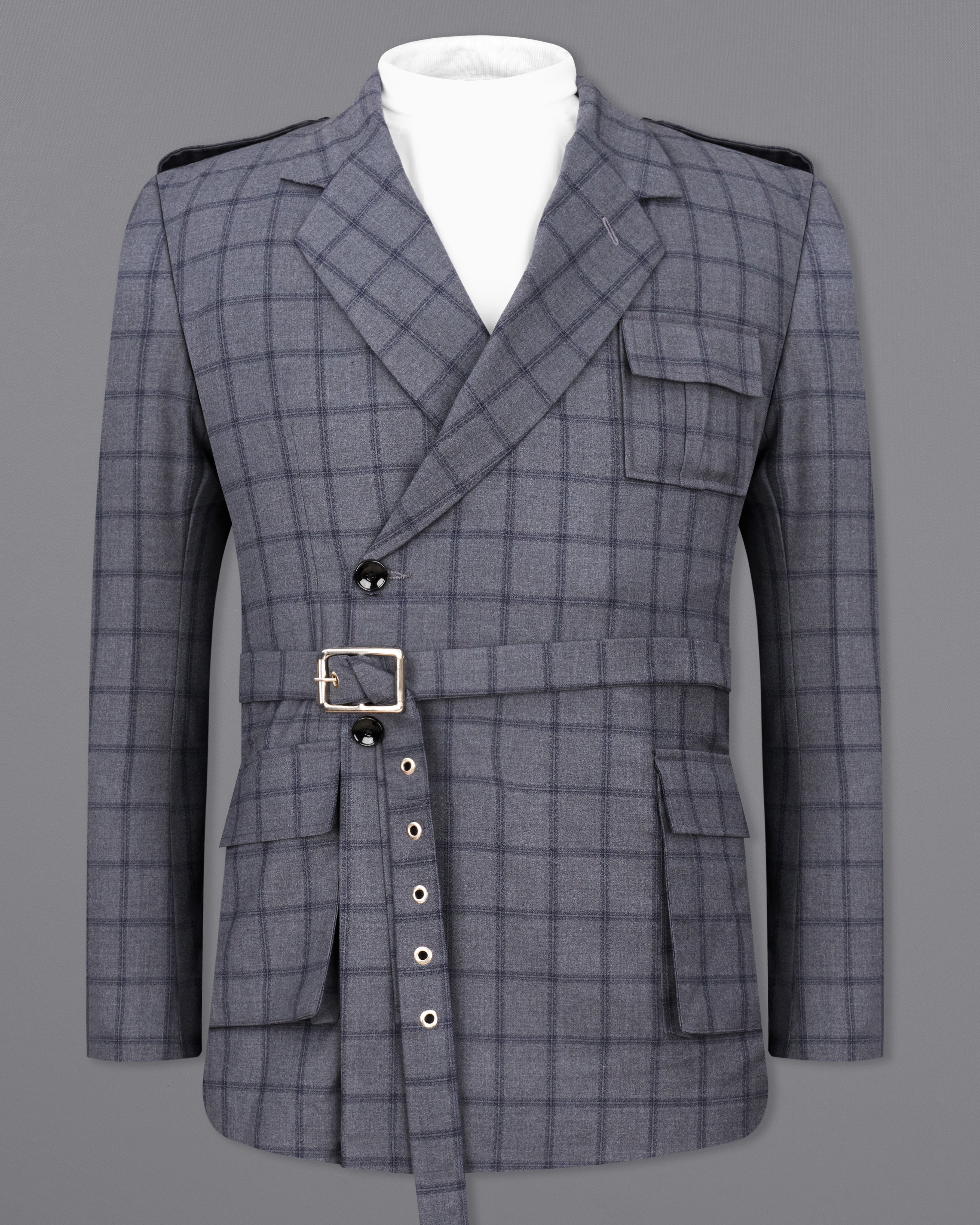 Wenge Gray Windowpane Double Breasted Designer Blazer with Belt Closure