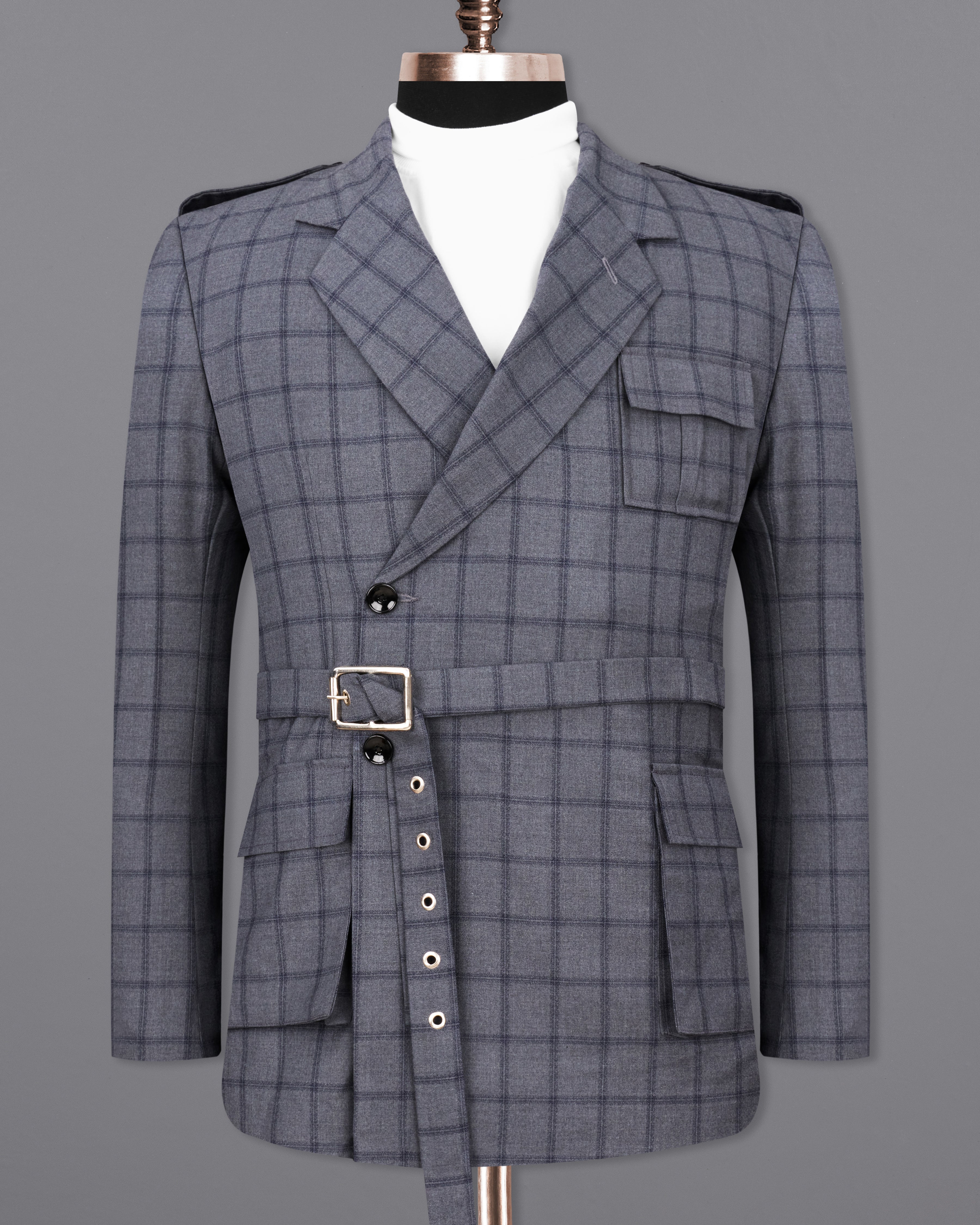 Wenge Gray Windowpane Double Breasted Designer Blazer with Belt Closure