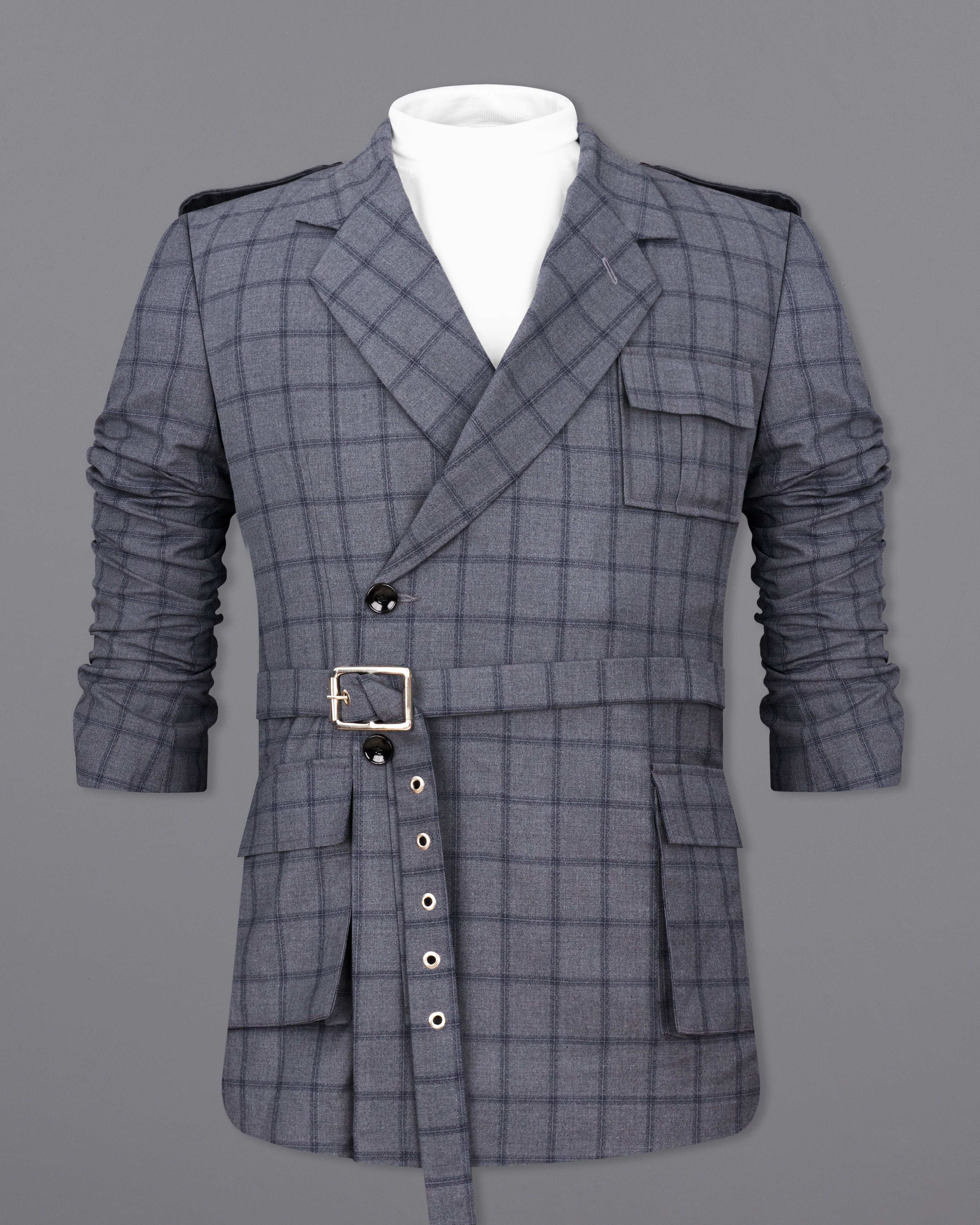 Wenge Gray Windowpane Double Breasted Designer Blazer with Belt Closure