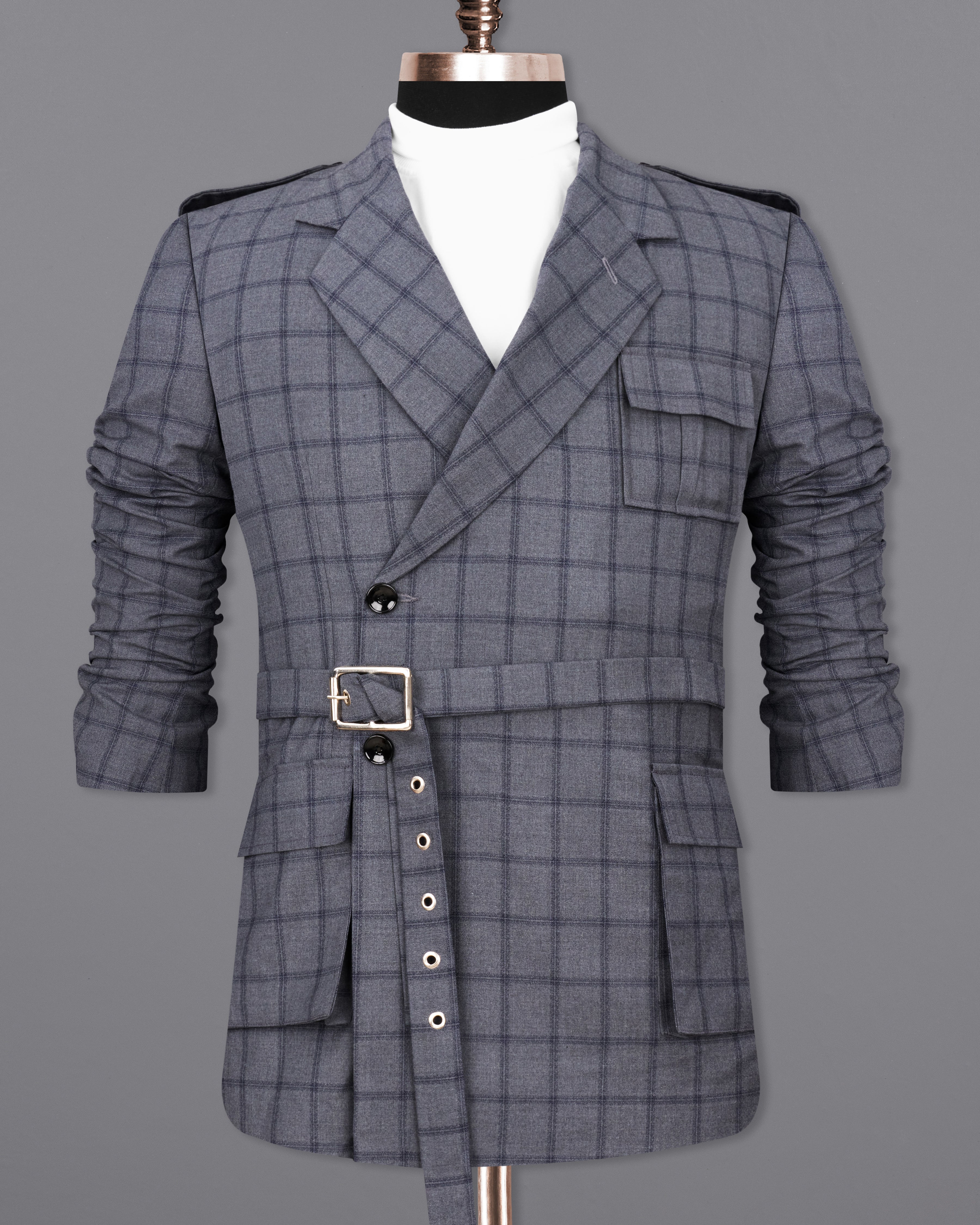 Wenge Gray Windowpane Double Breasted Designer Blazer with Belt Closure