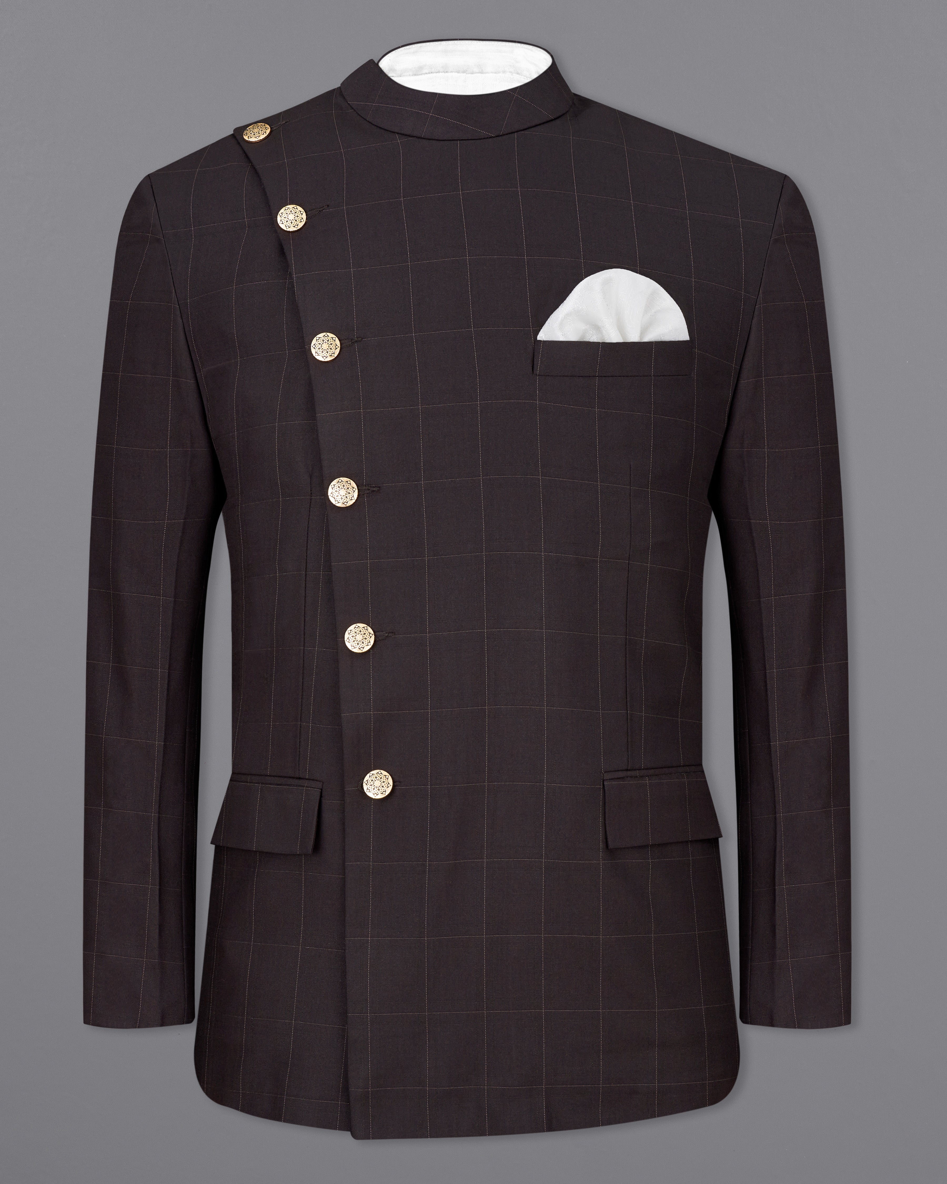 Piano Brown Windowpane Cross Buttoned Bandhgala Blazer BL2432-CBG-36,BL2432-CBG-38,BL2432-CBG-40,BL2432-CBG-42,BL2432-CBG-44,BL2432-CBG-46,BL2432-CBG-48,BL2432-CBG-50,BL2432-CBG-52,BL2432-CBG-54,BL2432-CBG-56,BL2432-CBG-58,BL2432-CBG-60