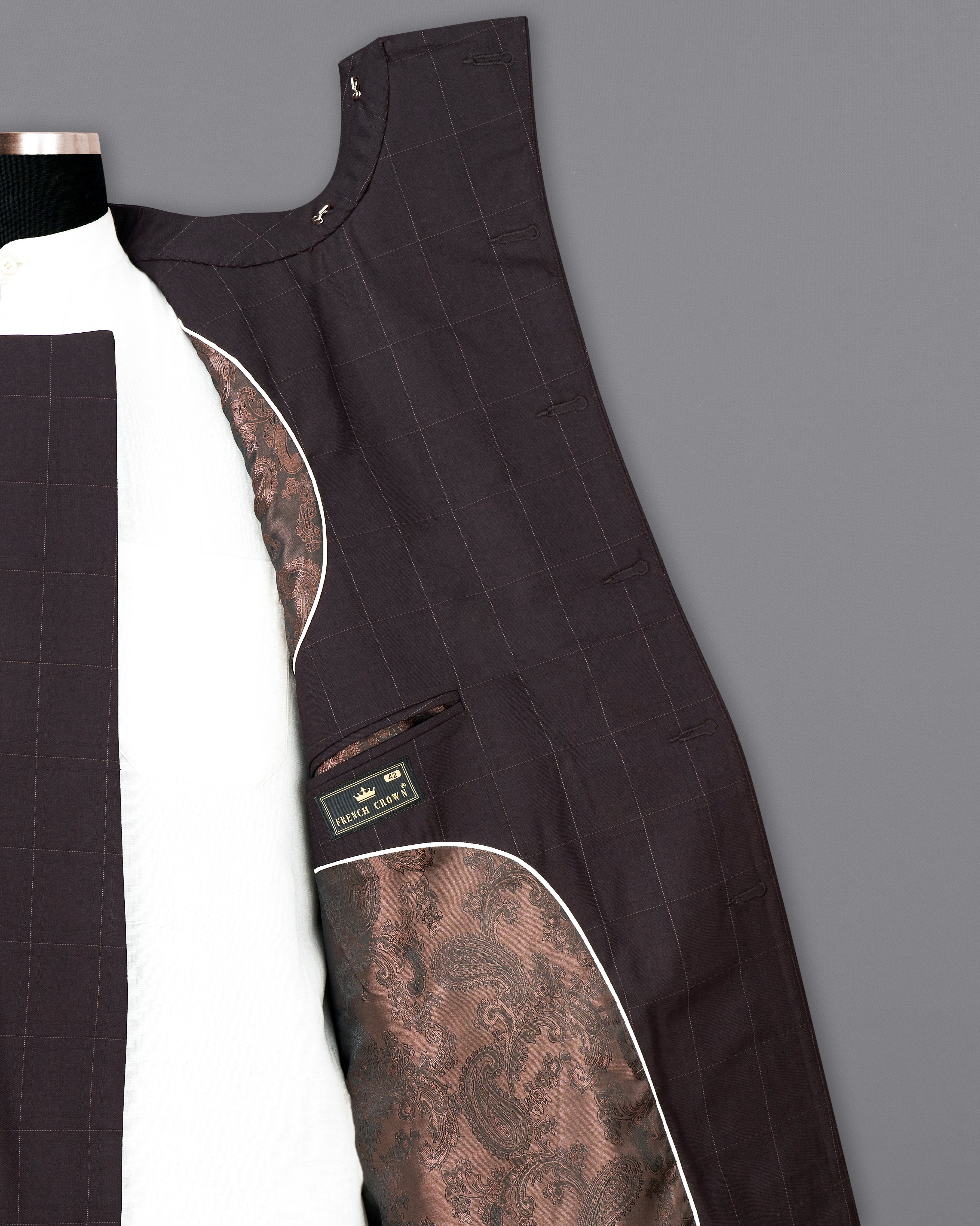 Piano Brown Windowpane Cross Buttoned Bandhgala Blazer BL2432-CBG-36,BL2432-CBG-38,BL2432-CBG-40,BL2432-CBG-42,BL2432-CBG-44,BL2432-CBG-46,BL2432-CBG-48,BL2432-CBG-50,BL2432-CBG-52,BL2432-CBG-54,BL2432-CBG-56,BL2432-CBG-58,BL2432-CBG-60