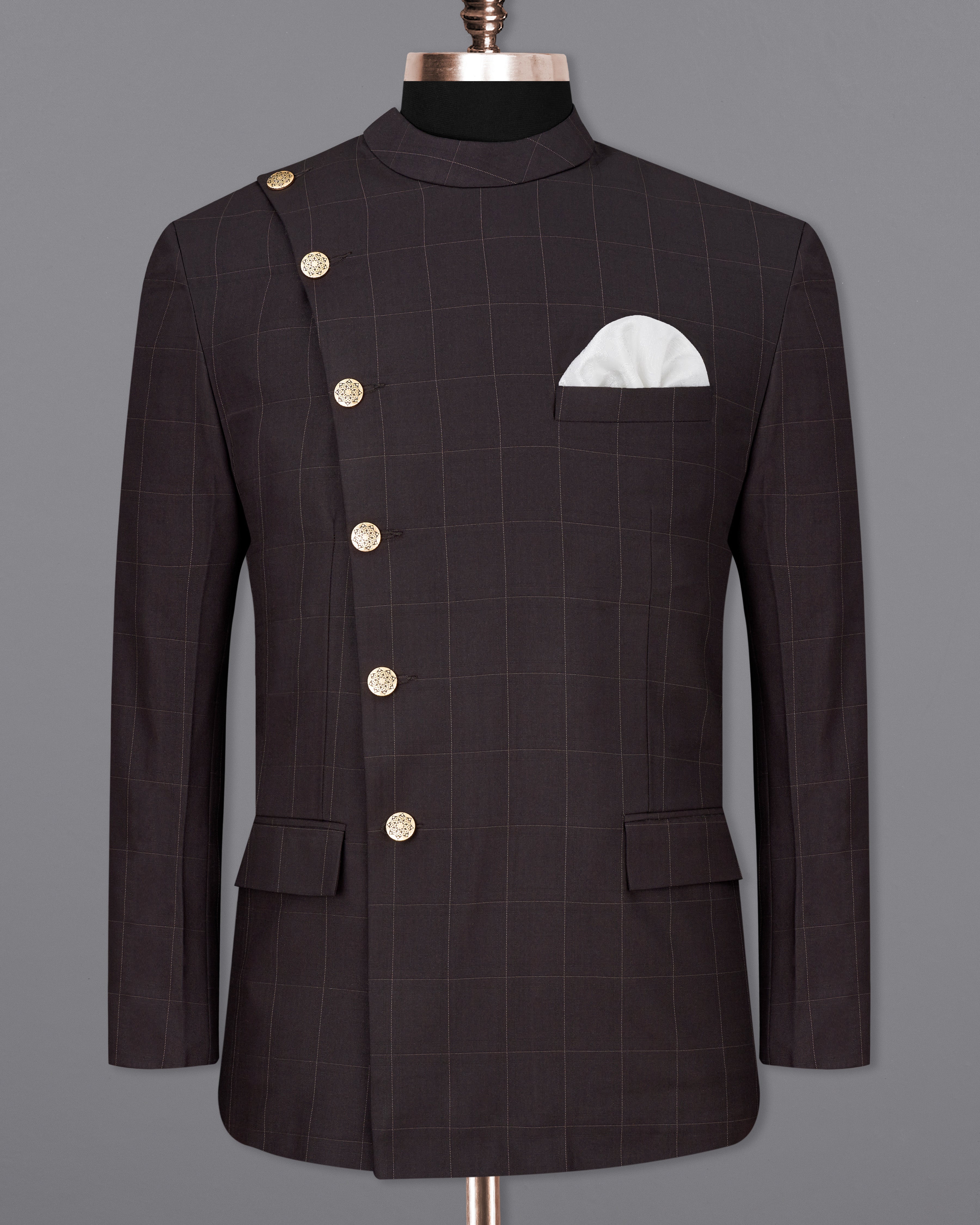 Piano Brown Windowpane Cross Buttoned Bandhgala Blazer BL2432-CBG-36,BL2432-CBG-38,BL2432-CBG-40,BL2432-CBG-42,BL2432-CBG-44,BL2432-CBG-46,BL2432-CBG-48,BL2432-CBG-50,BL2432-CBG-52,BL2432-CBG-54,BL2432-CBG-56,BL2432-CBG-58,BL2432-CBG-60