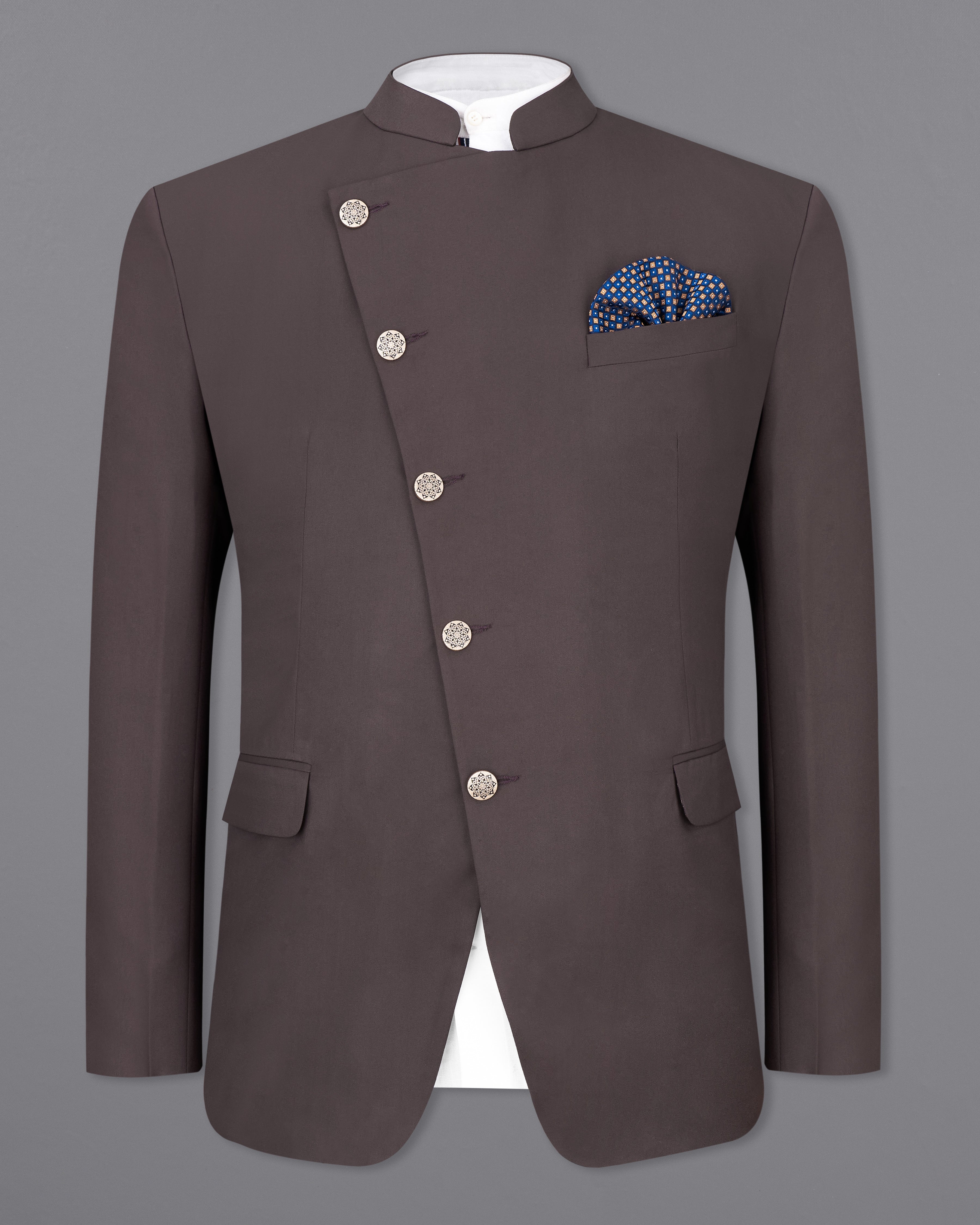 Coffee Brown Cross Buttoned Bandhgala Blazer BL2469-CBG-36, BL2469-CBG-38, BL2469-CBG-40, BL2469-CBG-42, BL2469-CBG-44, BL2469-CBG-46, BL2469-CBG-48, BL2469-CBG-50, BL2469-CBG-52, BL2469-CBG-54, BL2469-CBG-56, BL2469-CBG-58, BL2469-CBG-60	