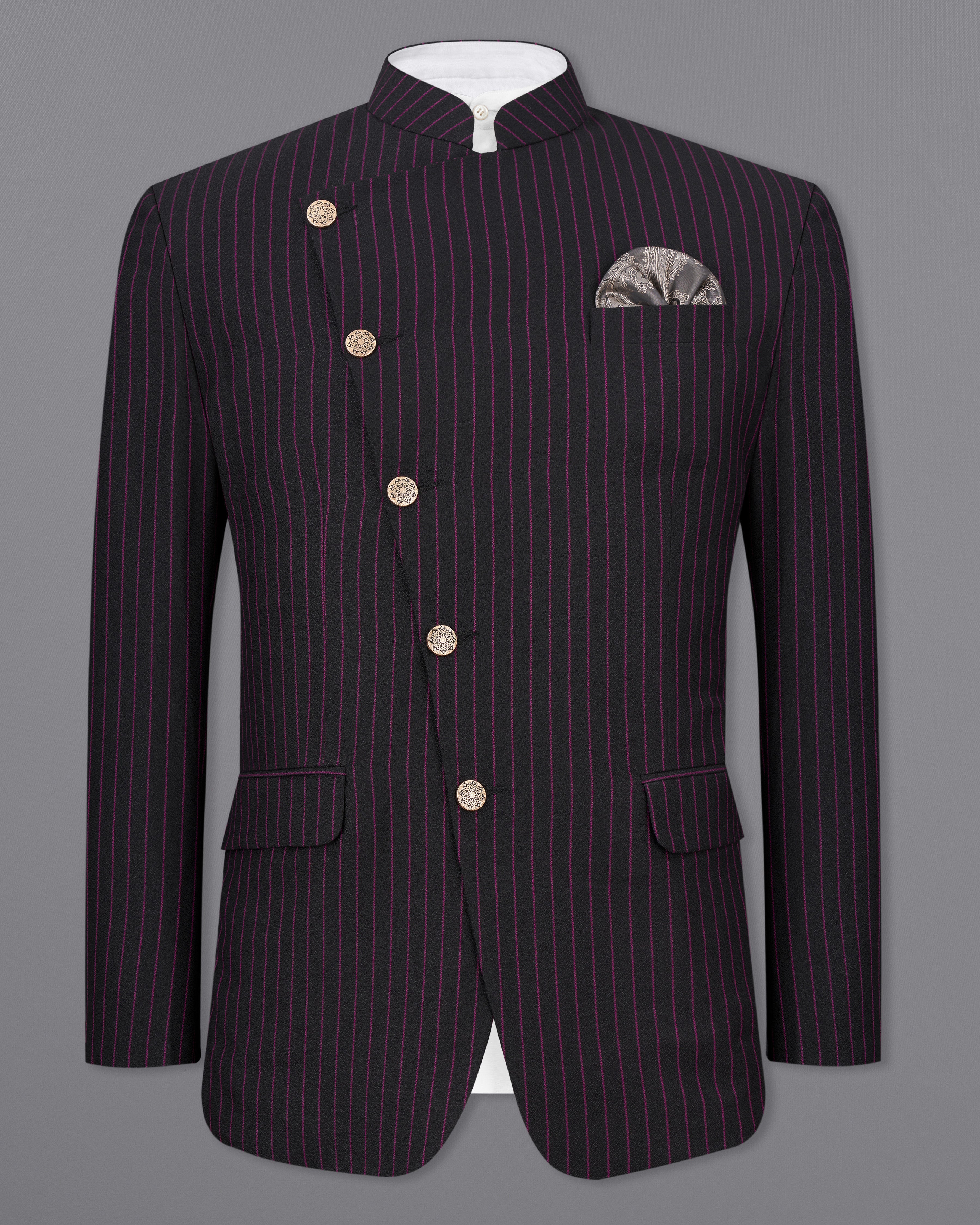 Zeus Black with Dark Mauve Pink Striped Cross-Buttoned Bandhgala Blazer BL2479-CBG-36, BL2479-CBG-38, BL2479-CBG-40, BL2479-CBG-42, BL2479-CBG-44, BL2479-CBG-46, BL2479-CBG-48, BL2479-CBG-50, BL2479-CBG-52, BL2479-CBG-54, BL2479-CBG-56, BL2479-CBG-58, BL2479-CBG-60