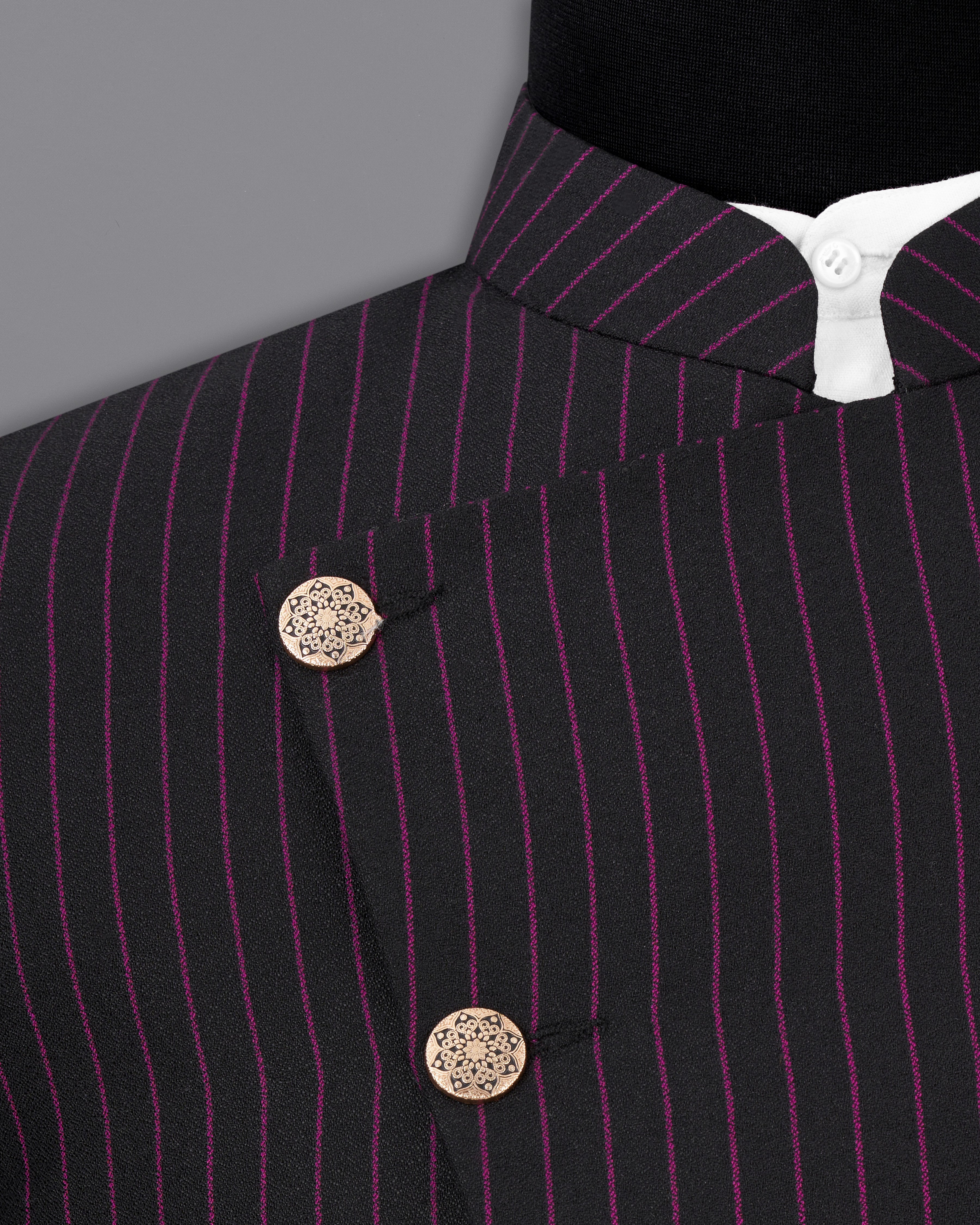 Zeus Black with Dark Mauve Pink Striped Cross-Buttoned Bandhgala Blazer BL2479-CBG-36, BL2479-CBG-38, BL2479-CBG-40, BL2479-CBG-42, BL2479-CBG-44, BL2479-CBG-46, BL2479-CBG-48, BL2479-CBG-50, BL2479-CBG-52, BL2479-CBG-54, BL2479-CBG-56, BL2479-CBG-58, BL2479-CBG-60