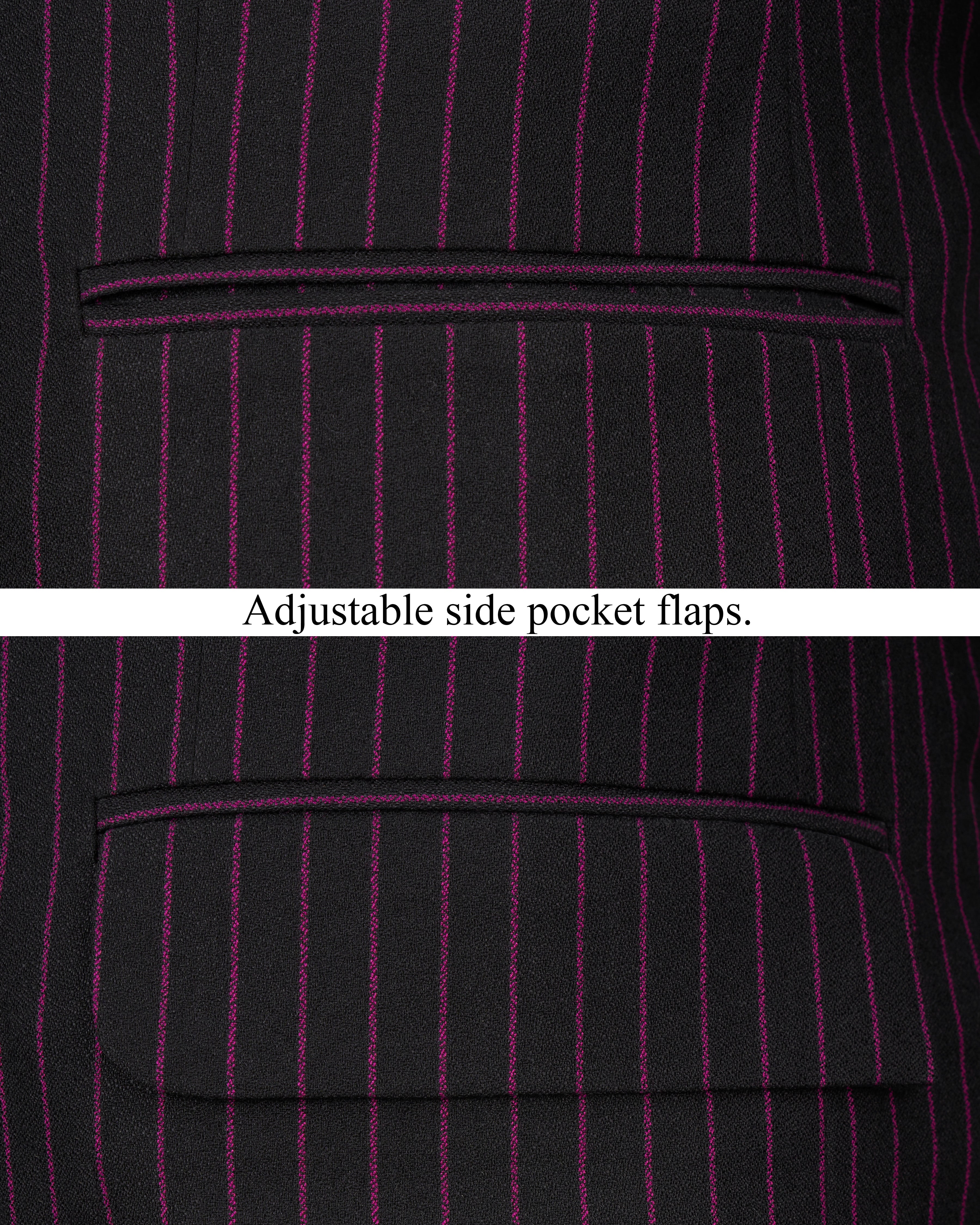 Zeus Black with Dark Mauve Pink Striped Cross-Buttoned Bandhgala Blazer BL2479-CBG-36, BL2479-CBG-38, BL2479-CBG-40, BL2479-CBG-42, BL2479-CBG-44, BL2479-CBG-46, BL2479-CBG-48, BL2479-CBG-50, BL2479-CBG-52, BL2479-CBG-54, BL2479-CBG-56, BL2479-CBG-58, BL2479-CBG-60