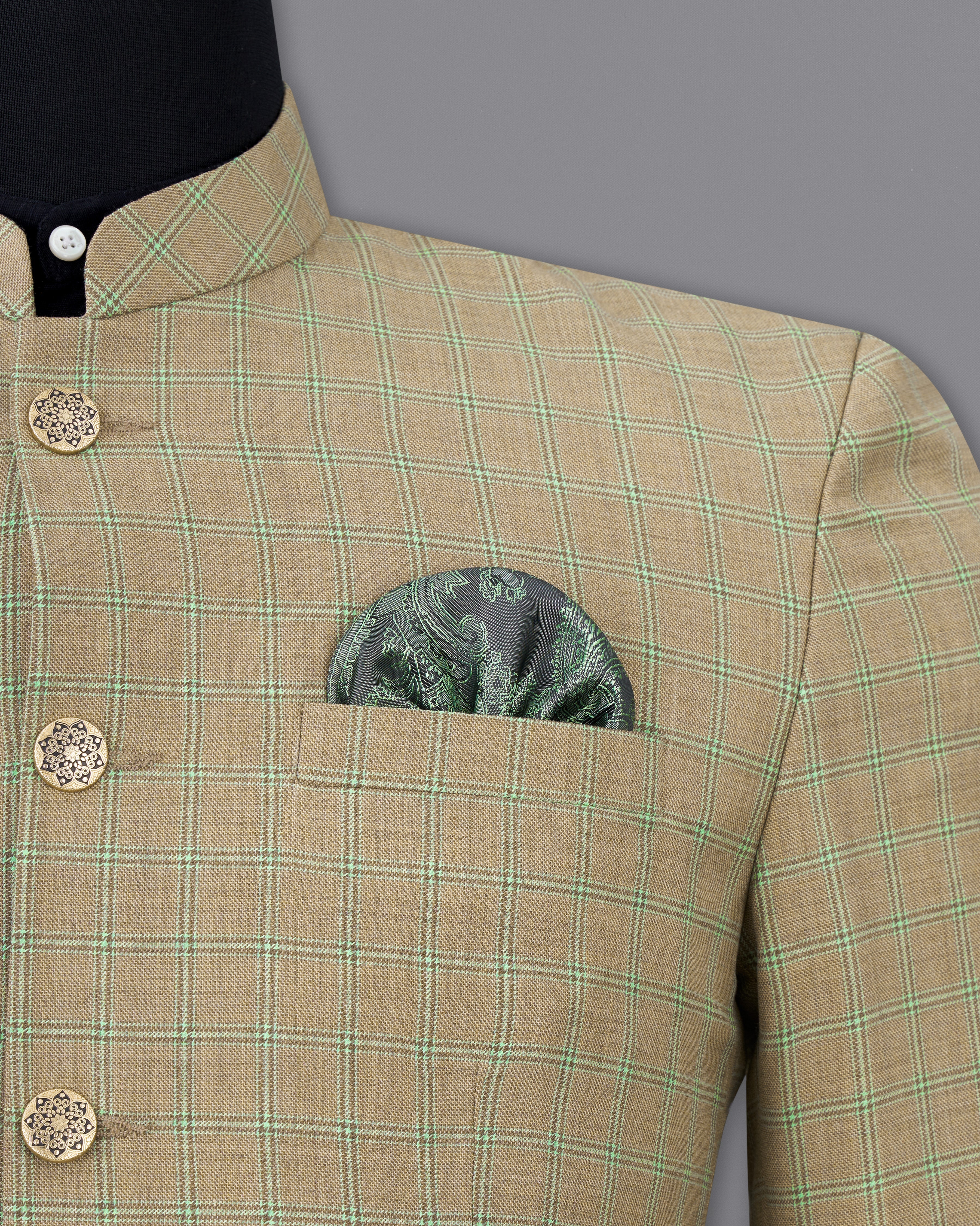 Sandrift Brown with Sprout Green Plaid Bandhgala Blazer BL2483-BG-36, BL2483-BG-38, BL2483-BG-40, BL2483-BG-42, BL2483-BG-44, BL2483-BG-46, BL2483-BG-48, BL2483-BG-50, BL2483-BG-52, BL2483-BG-54, BL2483-BG-56, BL2483-BG-58, BL2483-BG-60