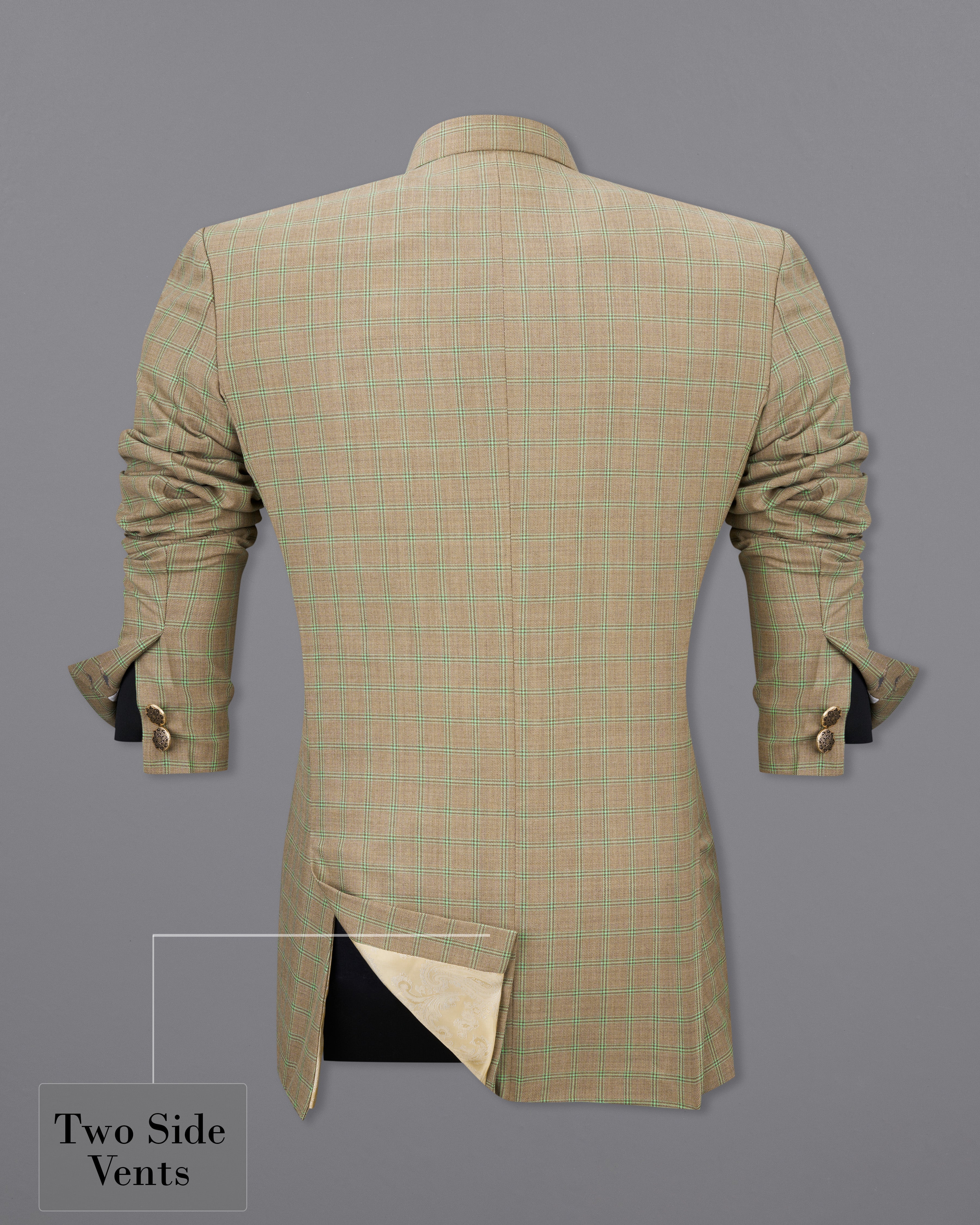 Sandrift Brown with Sprout Green Plaid Bandhgala Blazer BL2483-BG-36, BL2483-BG-38, BL2483-BG-40, BL2483-BG-42, BL2483-BG-44, BL2483-BG-46, BL2483-BG-48, BL2483-BG-50, BL2483-BG-52, BL2483-BG-54, BL2483-BG-56, BL2483-BG-58, BL2483-BG-60