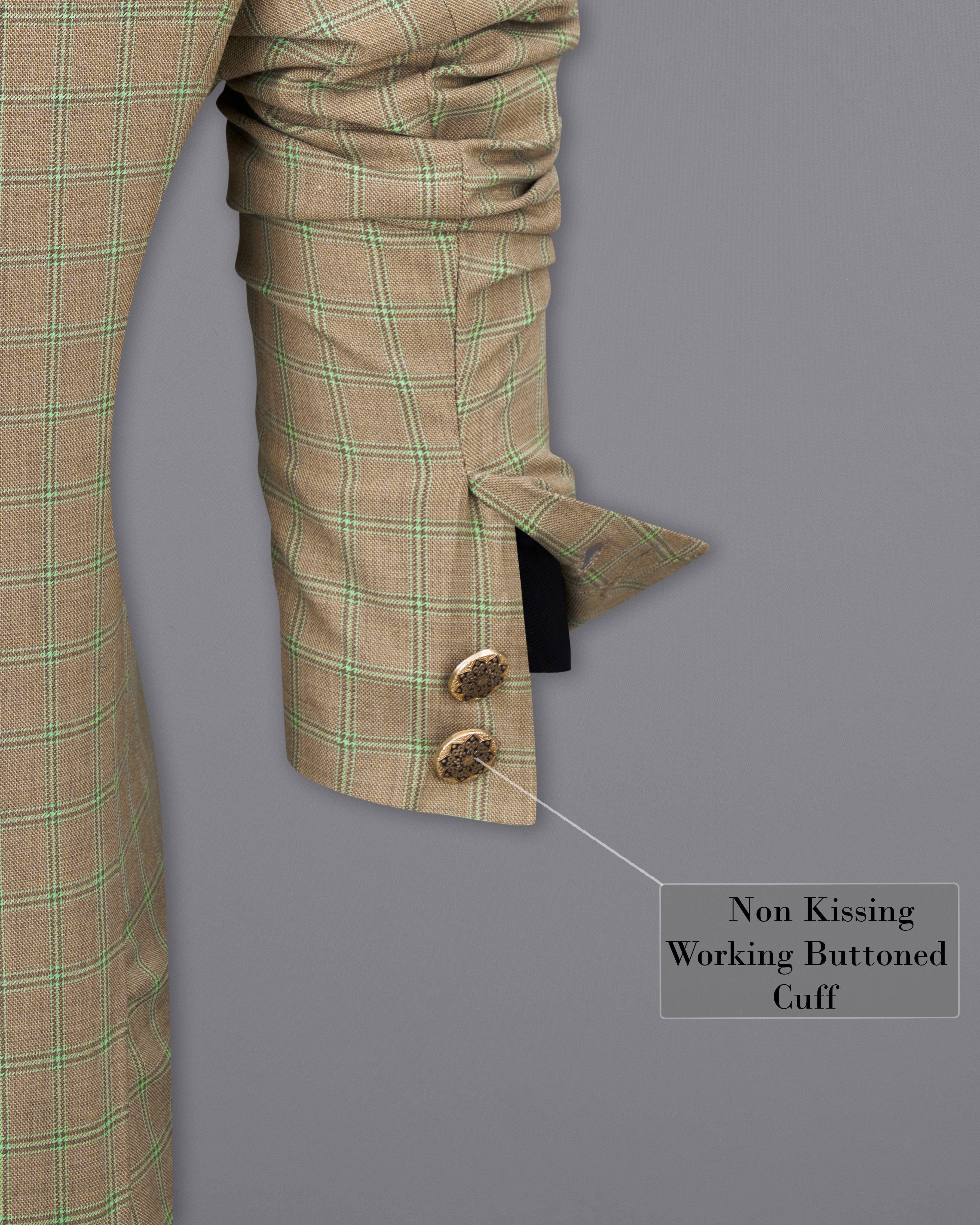 Sandrift Brown with Sprout Green Plaid Bandhgala Blazer BL2483-BG-36, BL2483-BG-38, BL2483-BG-40, BL2483-BG-42, BL2483-BG-44, BL2483-BG-46, BL2483-BG-48, BL2483-BG-50, BL2483-BG-52, BL2483-BG-54, BL2483-BG-56, BL2483-BG-58, BL2483-BG-60